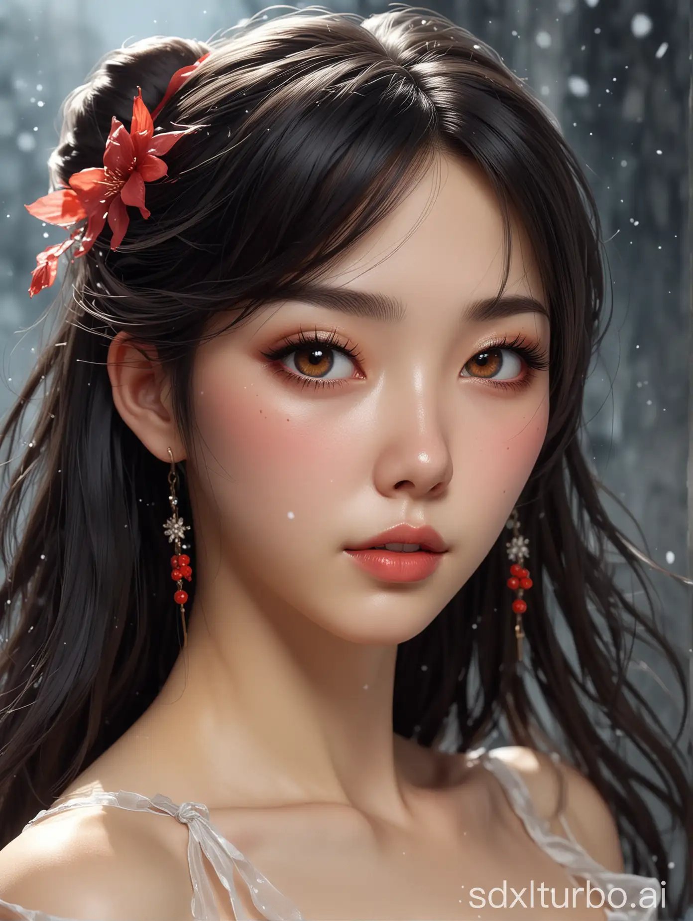 sanweihu, 1girl, solo, black hair, long hair, hair ornament, pointy ears, naked, closed mouth, red eyes, lips, bangs, brown eyes, bare shoulders, hair stick, china guzhuang, snowing, <lora:Freehand_Brushwork:0.2>, <lora:bg_imgs-10:0.4>, bg_imgs, <lora:sketch_style:0.2>, <lora:zyd232_InkStyle_v1_0:0.2>, ink sketch, <lora:add_detail:0.4>, (see-through:1.4), best quality , masterpiece, illustration, an extremely delicate and beautiful, extremely detailed, Amazing, finely detail, masterpiece, best quality, official art, extremely detailed CG unity 8k wallpaper, absurdres, incredibly absurdres, huge filesize , ultra-detailed, highres, extremely detailed, beautiful detailed girl