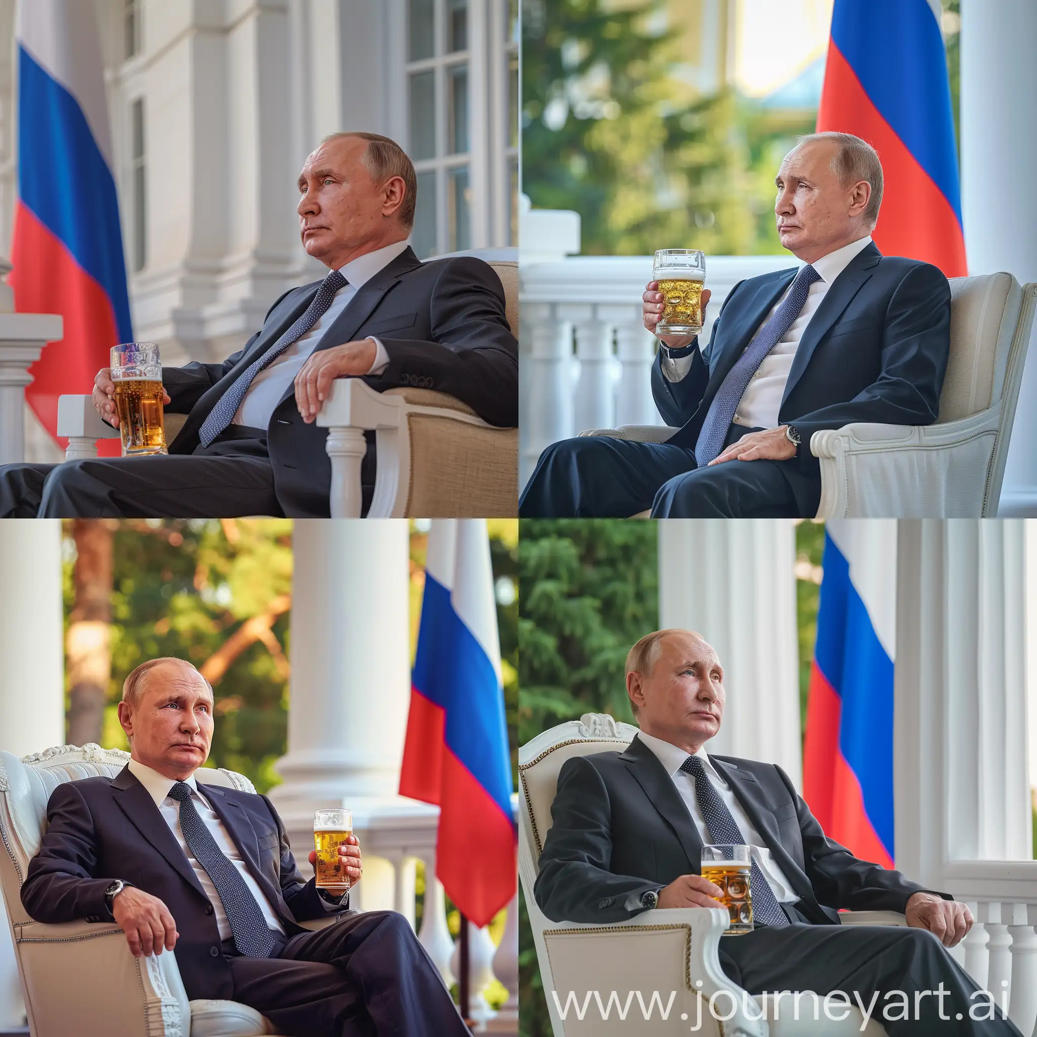 Владимир Путин сидит в кресле на балконе своего белого особняка, в деловом костюме, в руке бокал с пивом, 8к, задний фон флаг россии, супер детализация, острый фокус, летнее время года, профессиональное освещение, крупный план, время суток рассвет, HDR