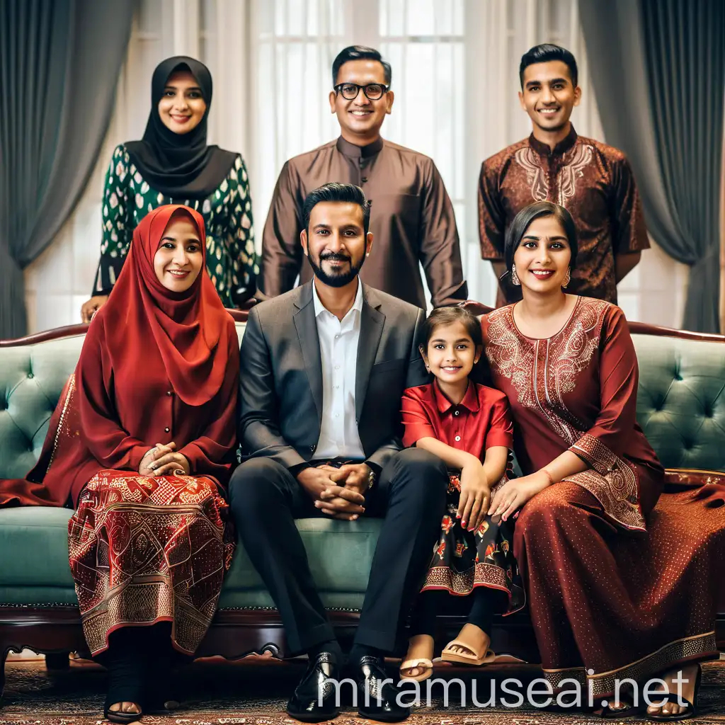 Buat Buatkan fotografi keluarga indonesia. ayah berumur 40 tahun berambut pendek duduk di sebuah sofa mewah bersama ibu berhijab berumur 37 tahun mengenakan batik merah di pangkuan ayah Ada anak wanita berumur 6 tahun di samping ibu terdapat pria berumur 28 tahun dan wanita 27 tahun.di belakang mereka terdapat wanita memakai hijab berumur 25 tahun dan pria berumur 15 tahun.