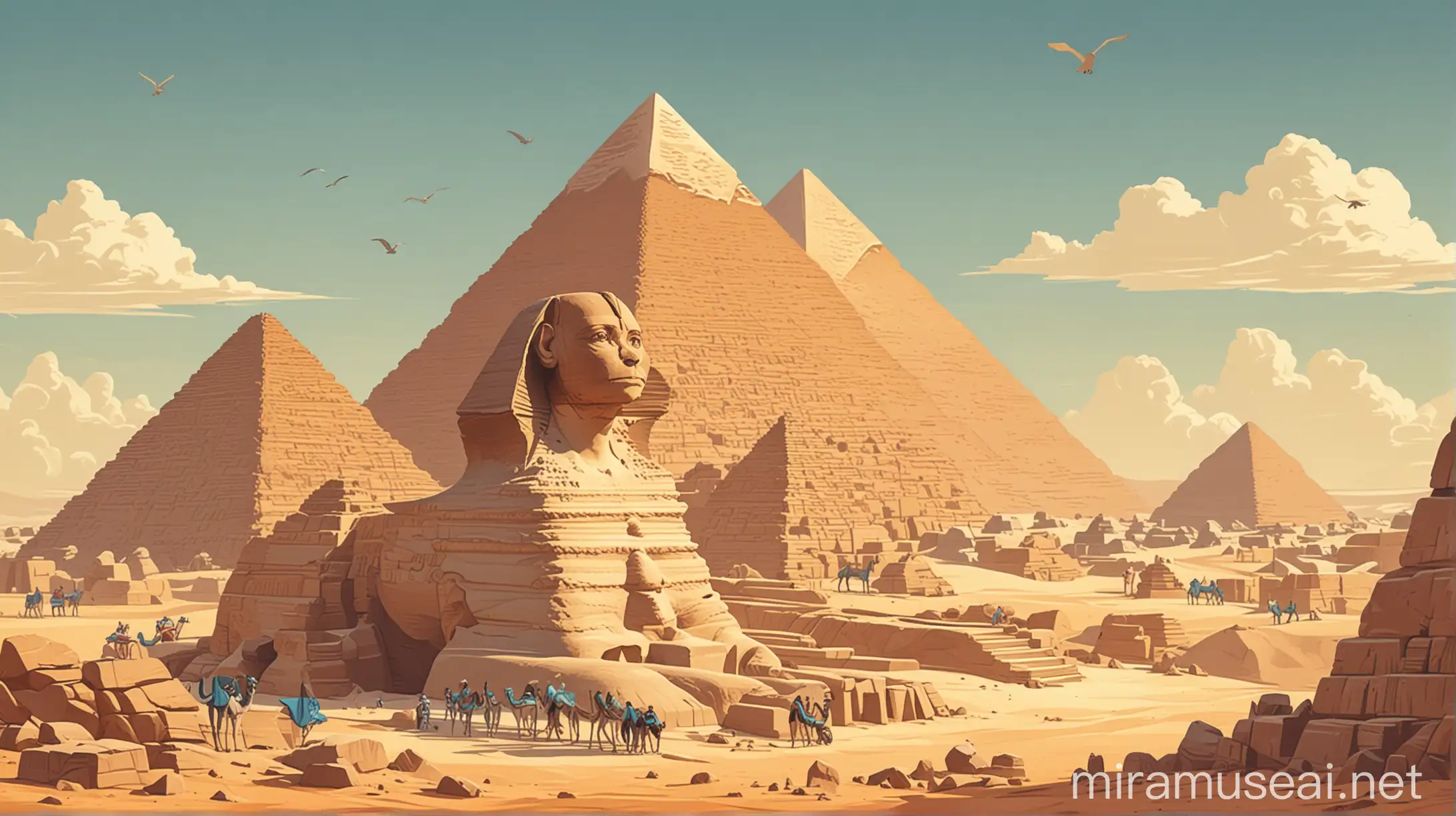 Mixed style of flat vector art, cartoon art and travel poster: recreation of the ancient city of Giza with one recreated sphinx in original state and the recreated great pyramids in original state and ancient Egyptian people and blue sky.