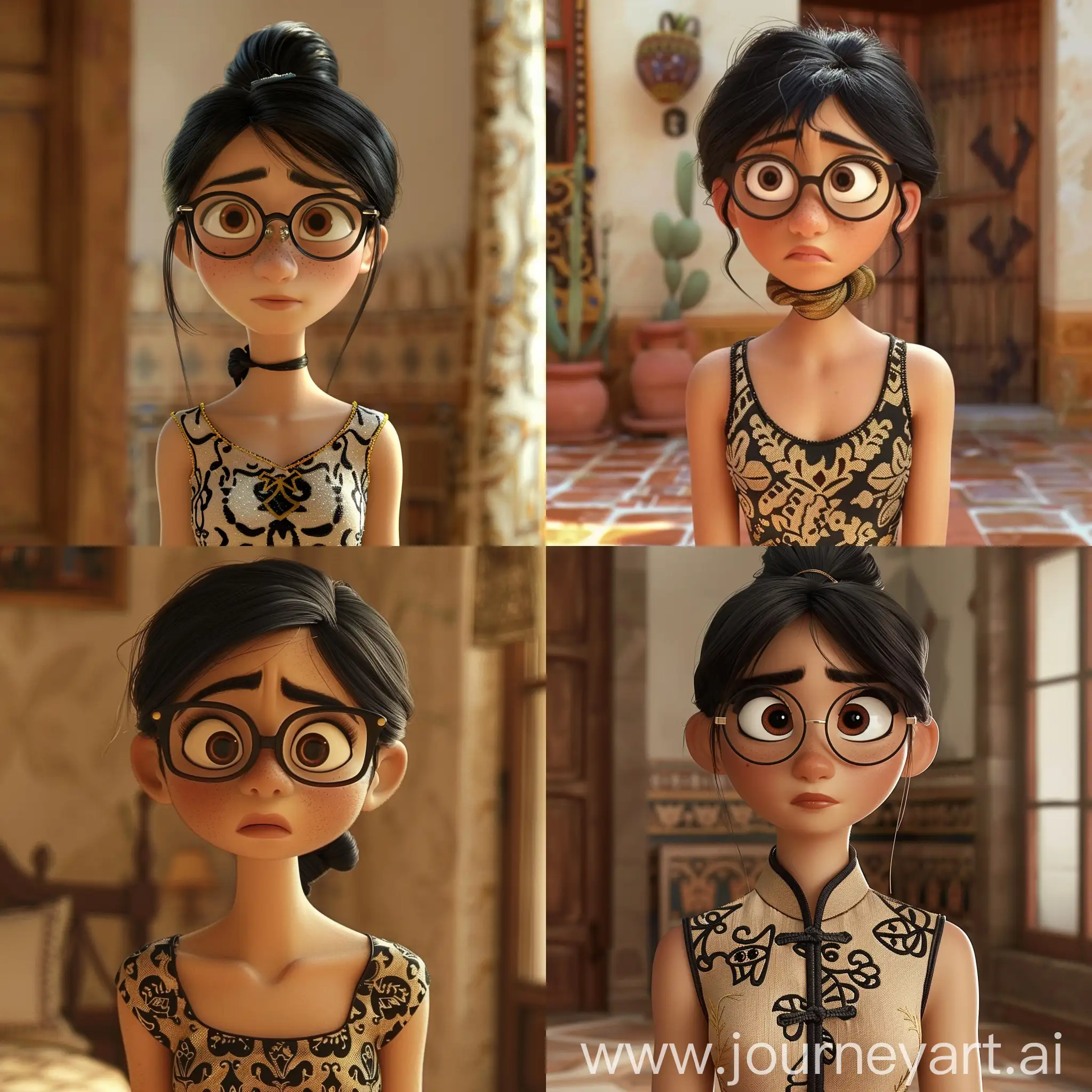 Scene from pixar animation a brunette woman with black hair tied up, she wears glasses and is a little fat and wears a simple dress with black and gold designs she has an oval face, she has a thin mouth and a wide nose
