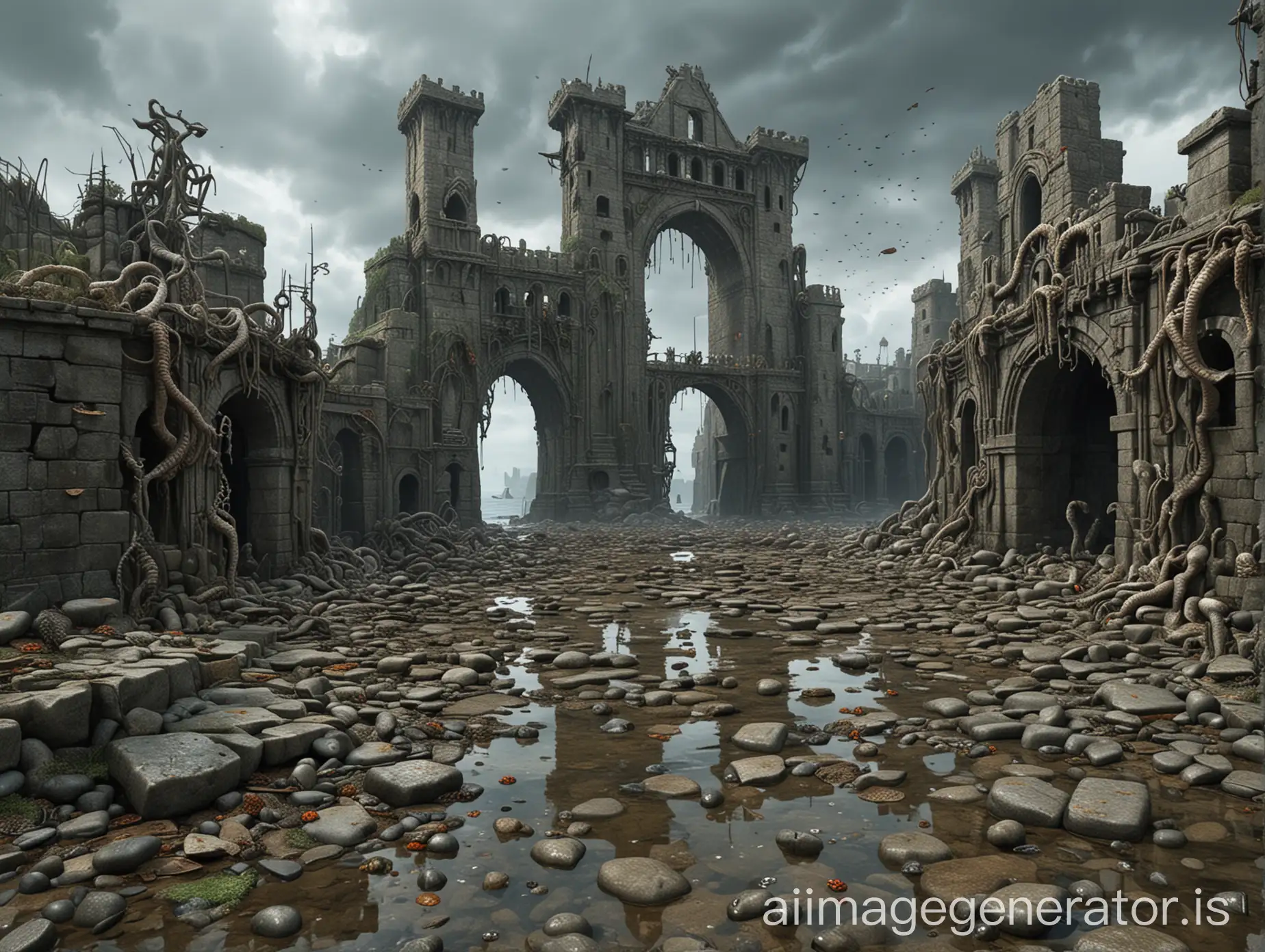 a broken city, half of the city is in the sea, in the center of the city there is a huge stone gate, with many stony tentacles and strange symbols on it, on the right side there is a nearly collapsed stone tower. The ground is full of slime and dead fish, and the weather is cloudy