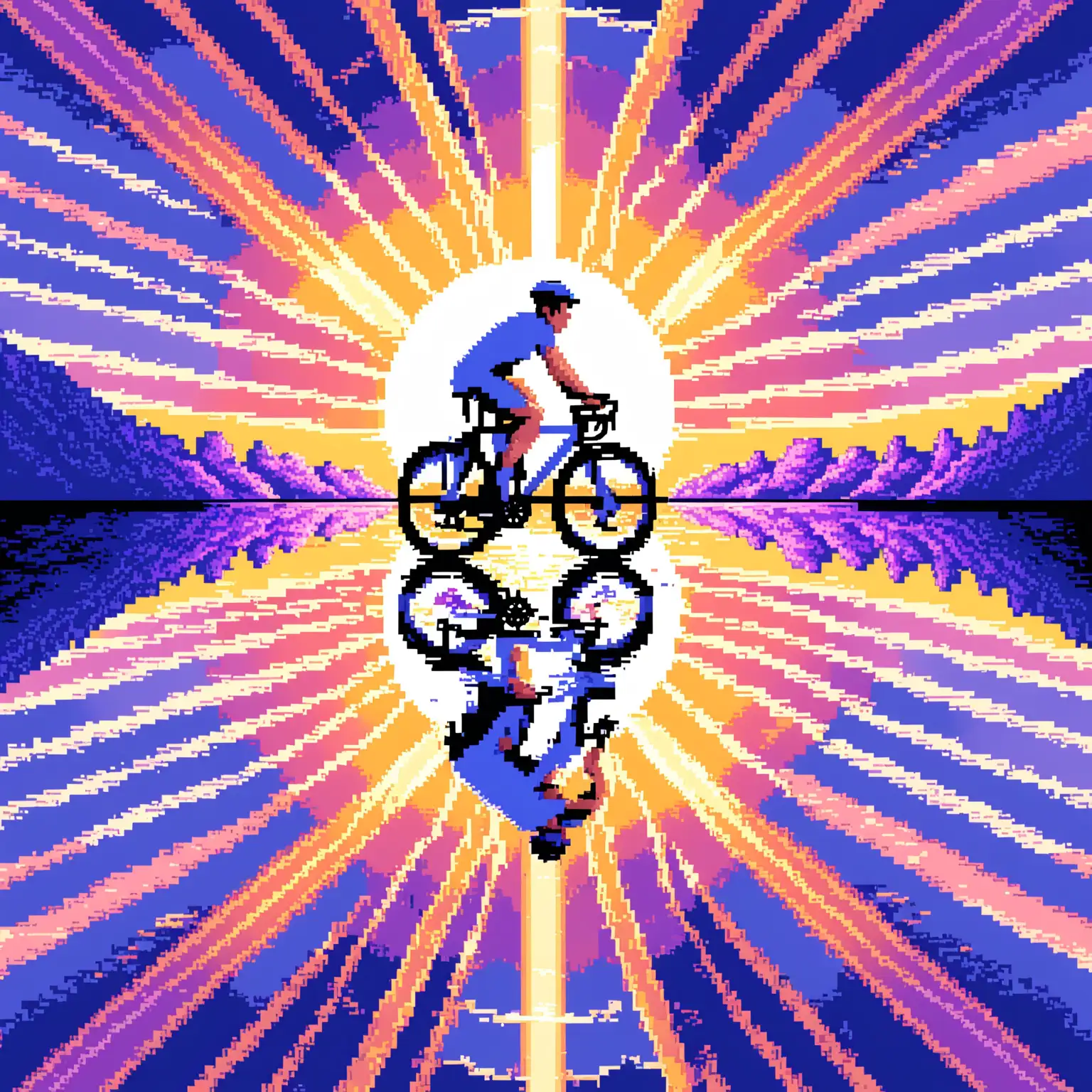 像素风格，蓝色、白色和紫色配色，骑自行车的人，骑手完全映照在太阳里，作为头像，骑车人要占图像大范围