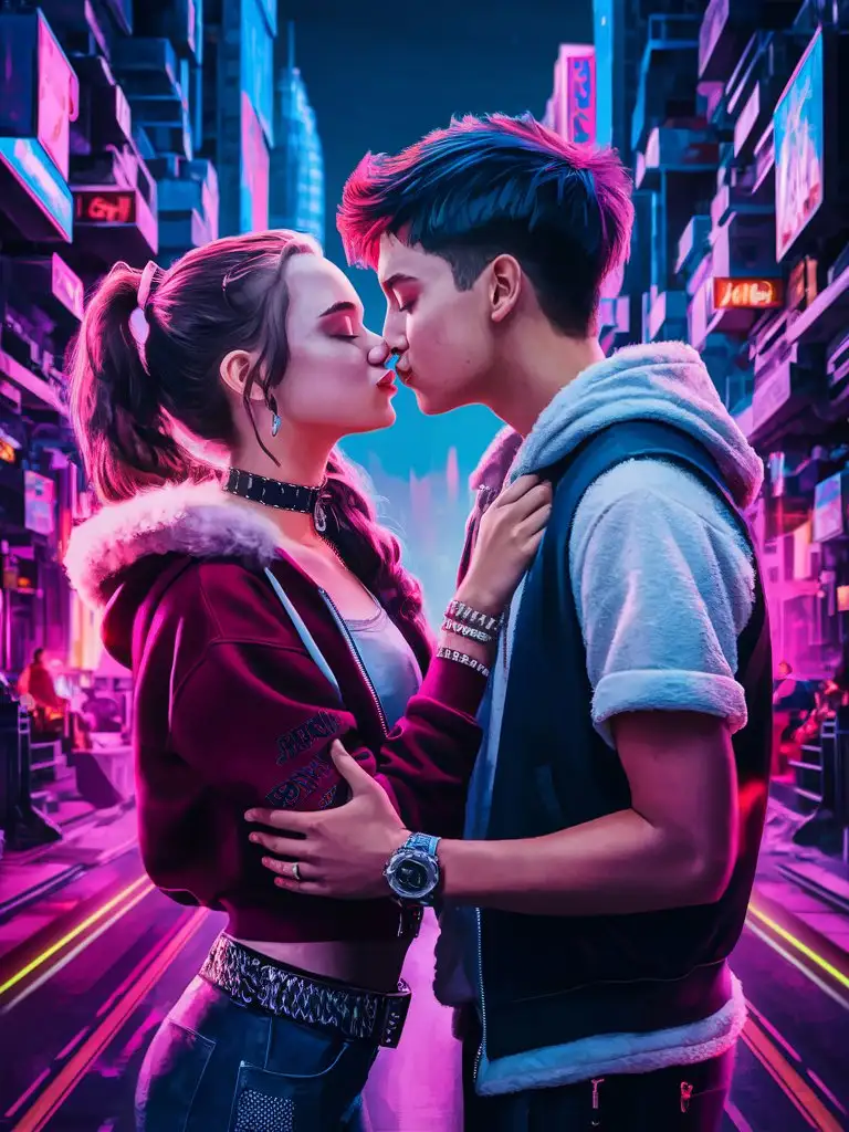 Edgy-Teen-Couple-Kiss-in-Neonpunk-Cyberpunk-Style