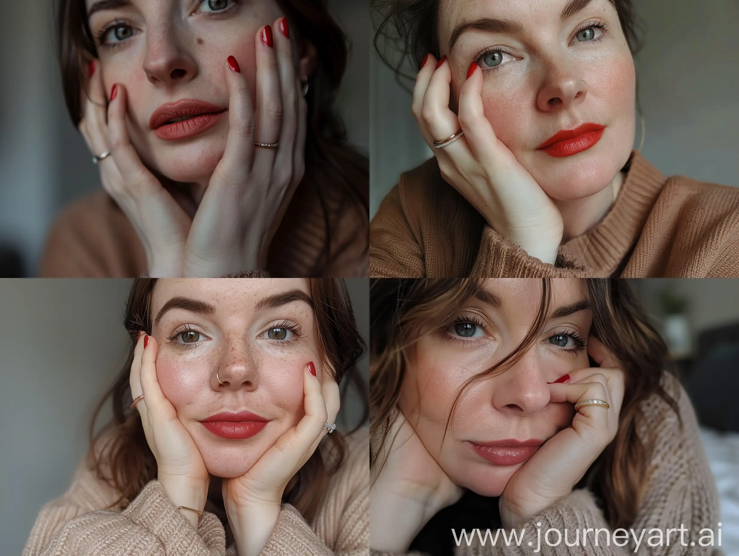 Aesthetic instagram selfie of a mother in her mid 30's, hands resting on face, wedding ring, red gel nail polish, British, matte brown makeup, lipstick, London flat, motherly face in selfie, close up of face selfie