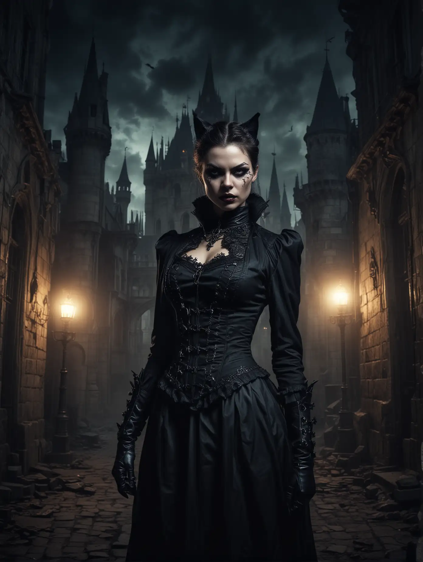 A sinister catwoman as vampire in Victorian attire, baroque punk dark fantasy style, menacing, background haunted castle, dynamic lighting