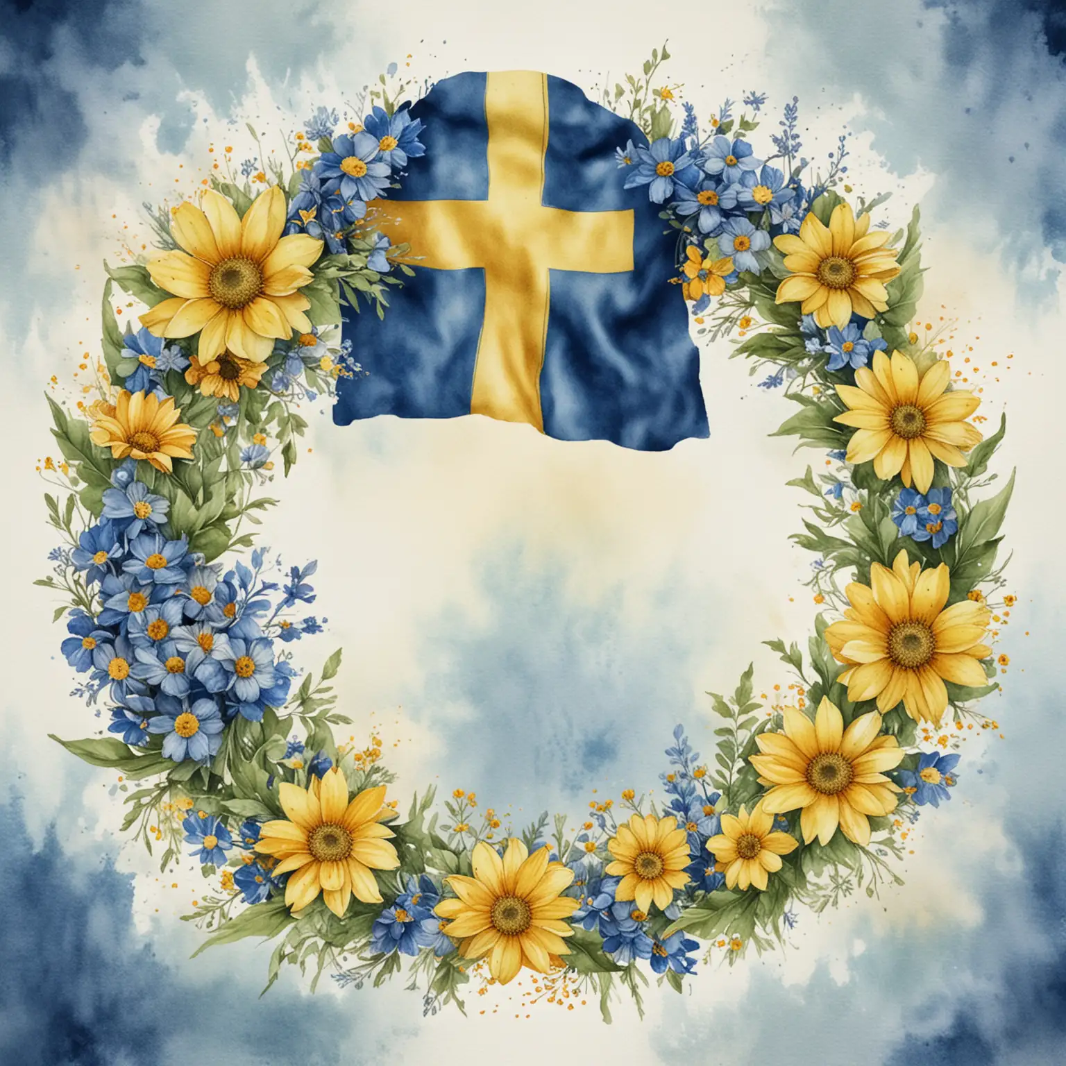 En blomsterkrans med en svensk flagga bakom I vattenfärg 