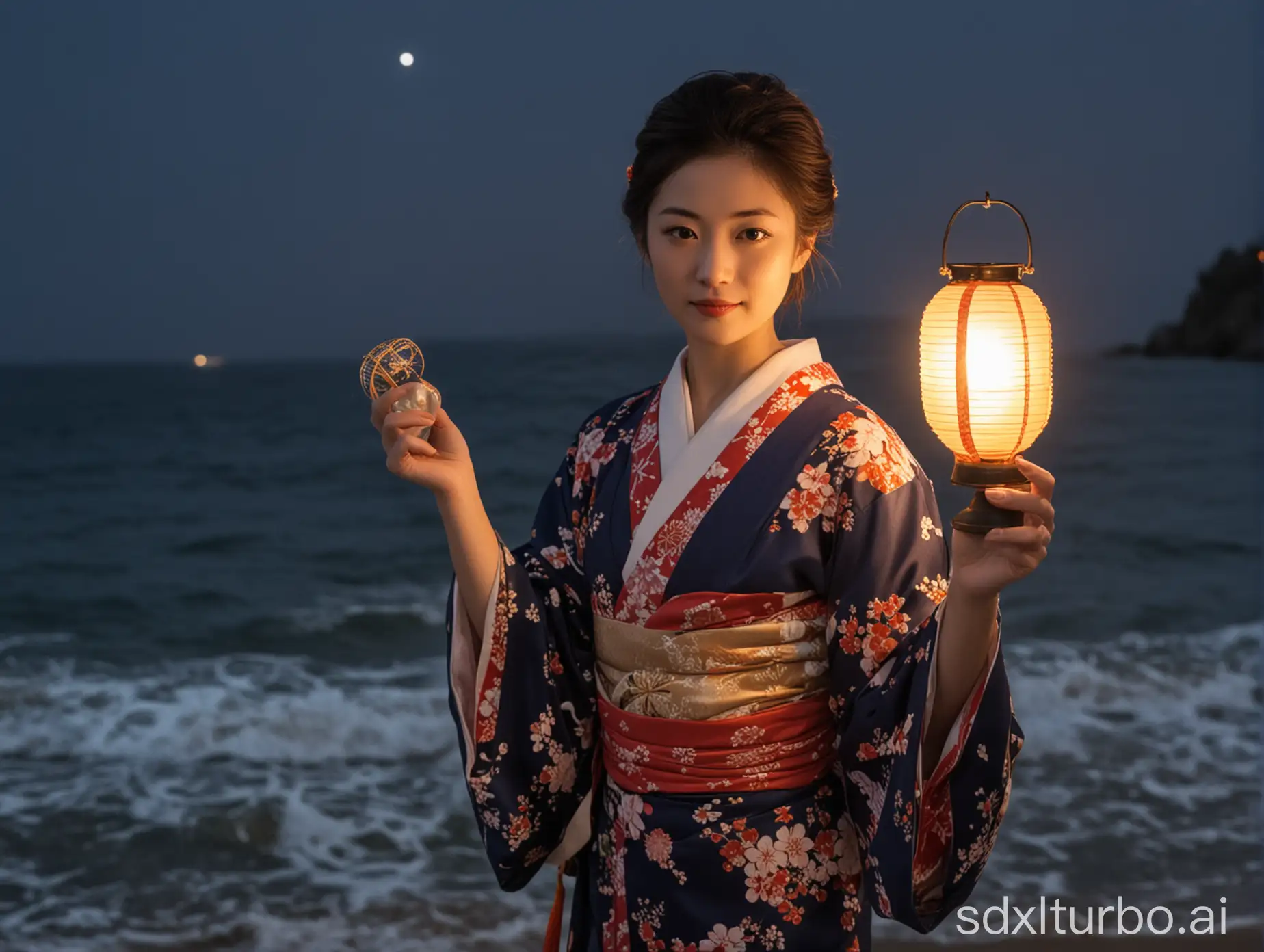wearing a kimono woman holding a lamp at night by the sea