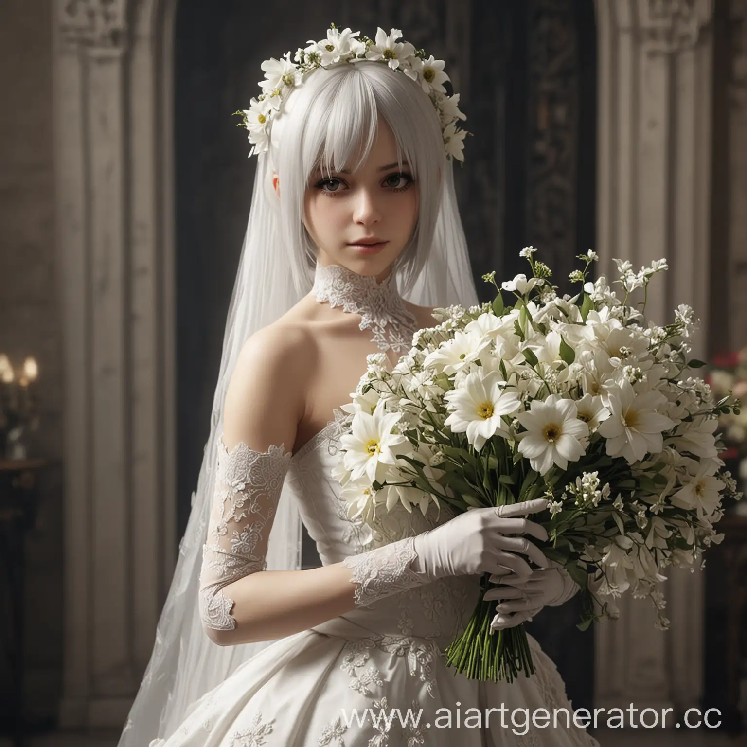 Yorha 2B, Одета в свадебное платье в руках букет цветов 