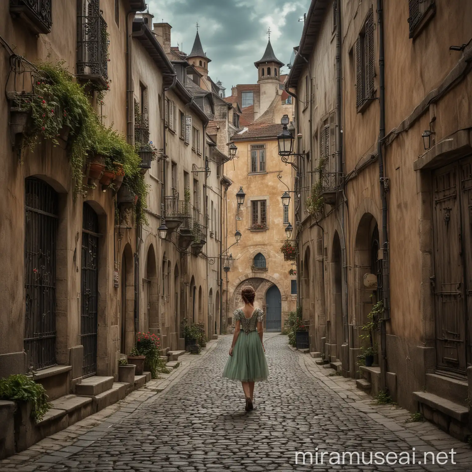European Fairy Tale Street Scene Embracing Freedom