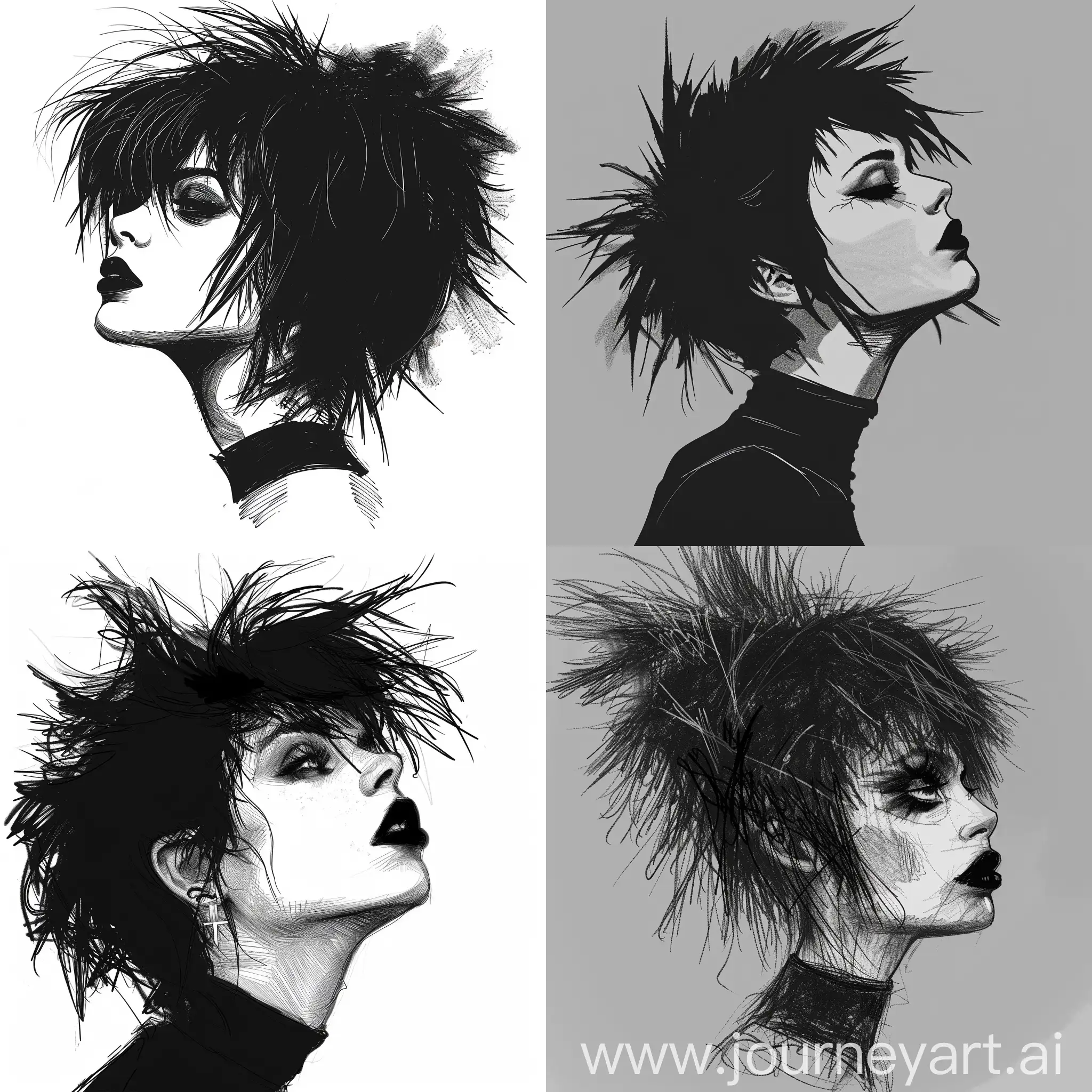 2D Rough digital drawing of profile shot of Goth Woman, black lipstick, beautiful, pretty, shaggy hair
