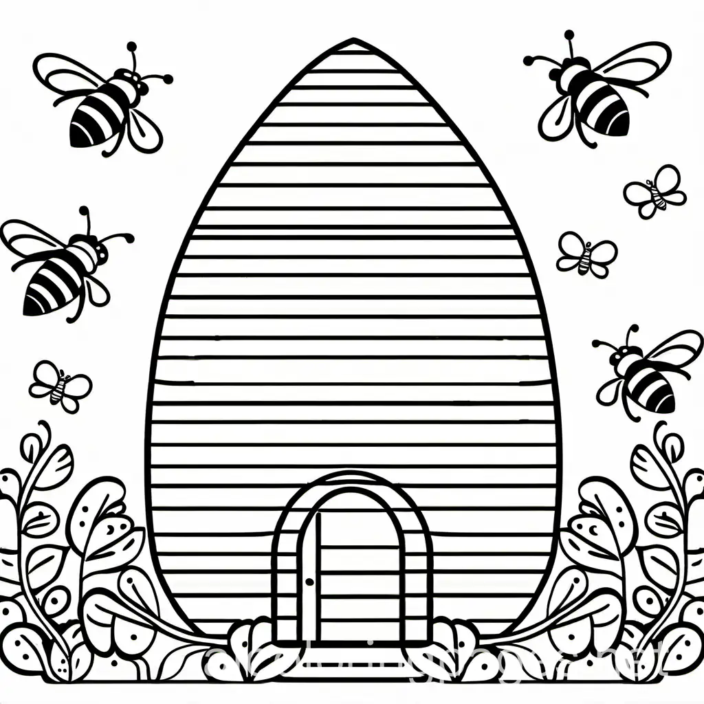 bee hive
, Coloring Page, black and white, line art, white background, Simplicity, Ample White Space. The background of the coloring page is plain white to make it easy for young children to color within the lines. The outlines of all the subjects are easy to distinguish, making it simple for kids to color without too much difficulty