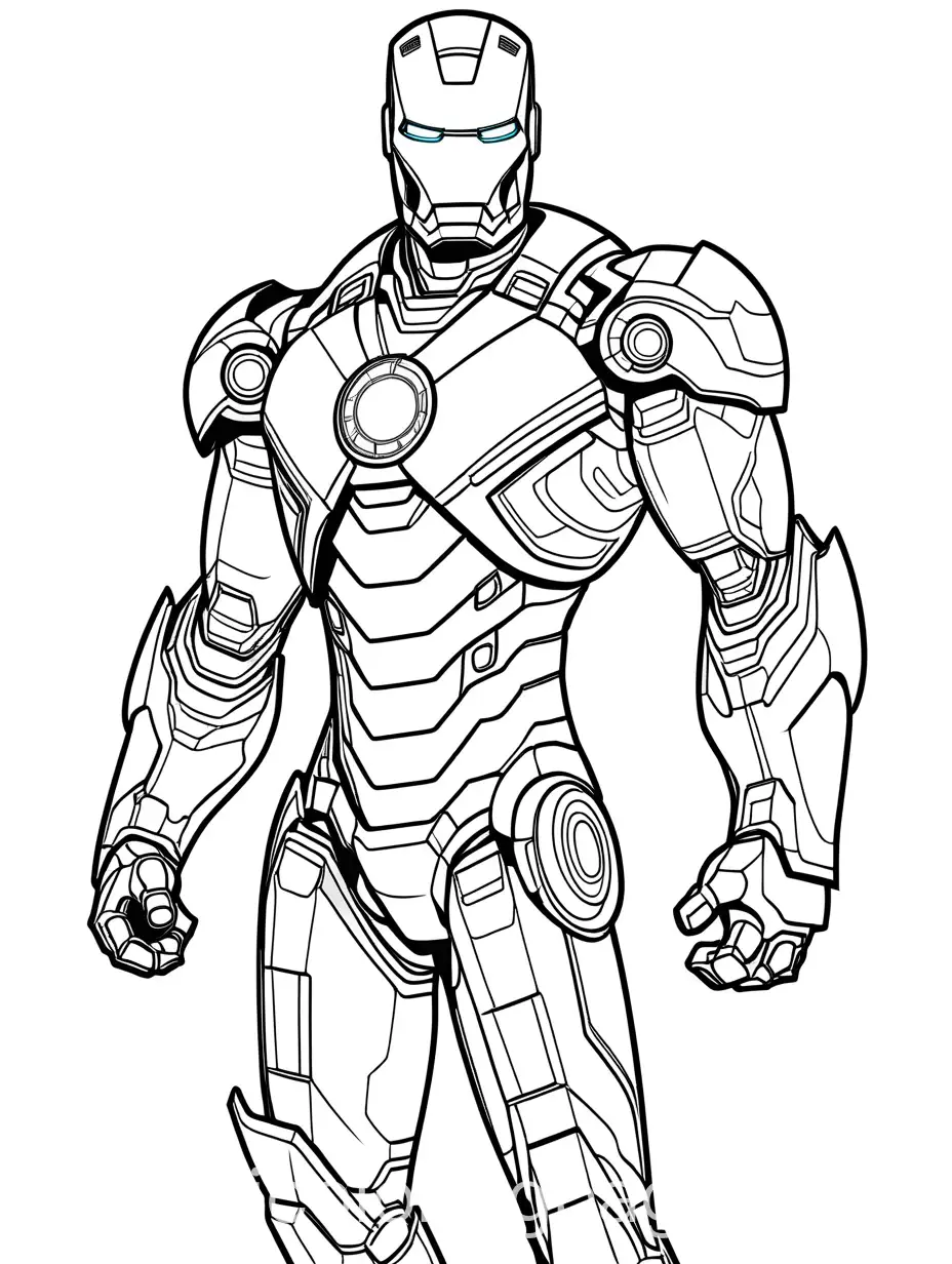avengers iron man coloring page, Coloring Page, black and white, line art, white background, Simplicity, Ample White Space. The background of the coloring page is plain white to make it easy for young children to color within the lines. The outlines of all the subjects are easy to distinguish, making it simple for kids to color without too much difficulty