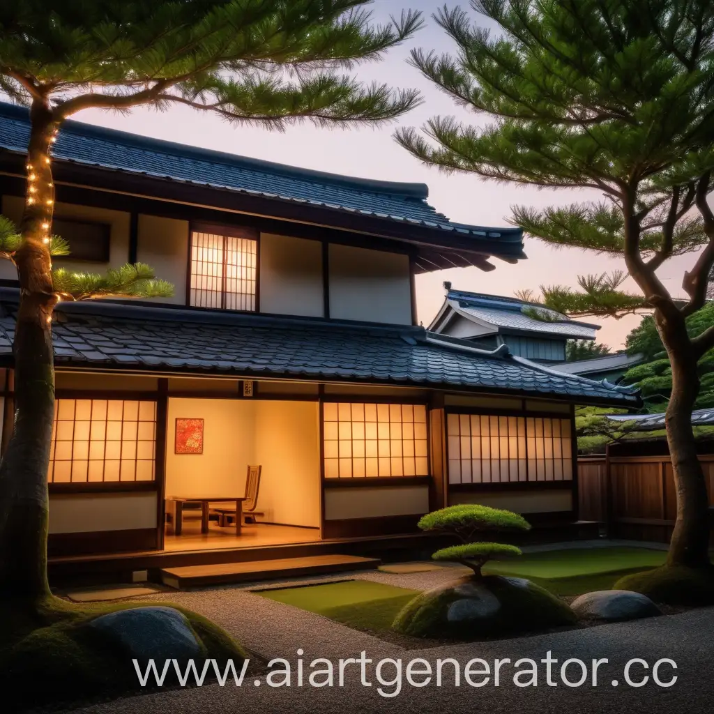 Traditional-Japanese-House-in-Serene-Evening-Setting-with-Trees