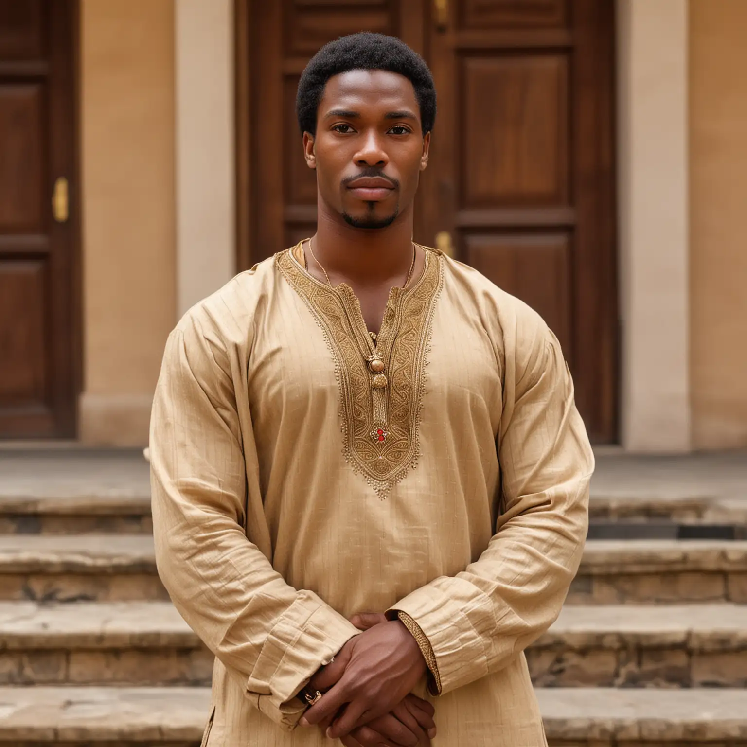 A very handsome, tall, waell built, wise looking thirty-something African Prince with expressive light brown eyes, deep dimples, lucious thick lips, arms folded across his chest, front view, wise, looking, dressed in casual, cultural outfit, with smooth brown real skin color, natural brown hair, standing on the steps of a palace