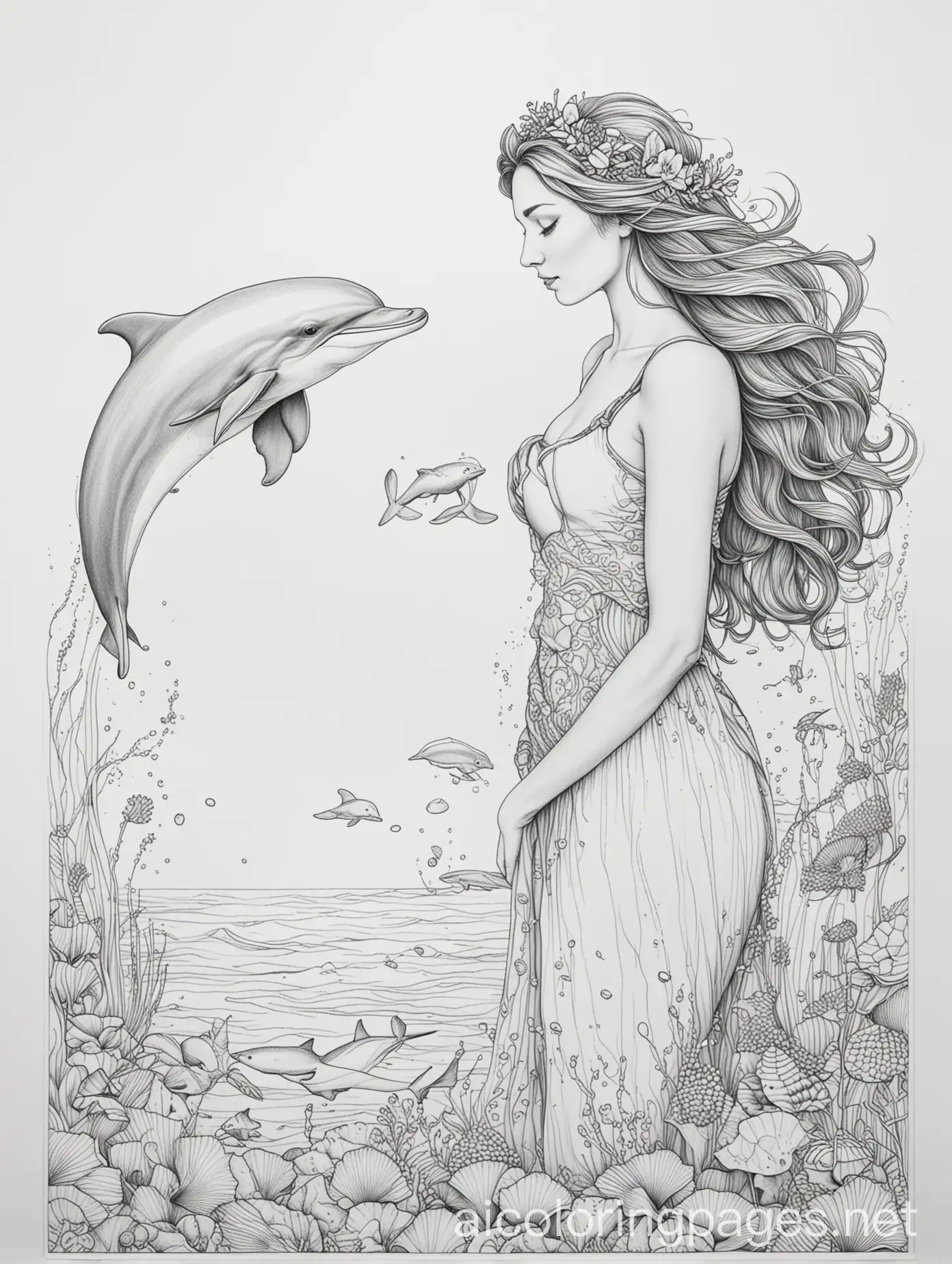 adult colouring page simple line art beautiful lady wearing shells with a dolphin, Coloring Page, black and white, line art, white background, Simplicity, Ample White Space