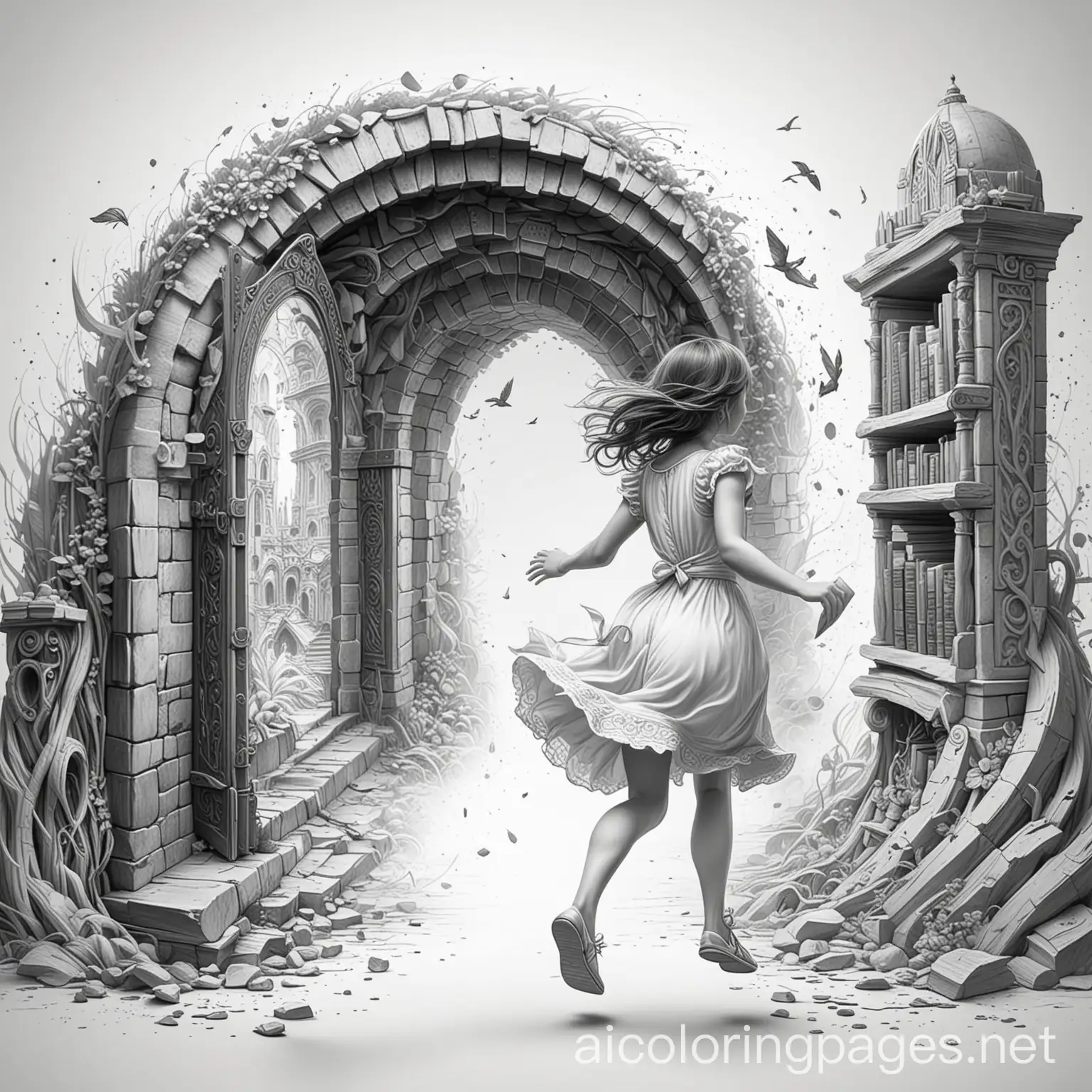 Girl in dress running towards mysterious fantasy book portal, Coloring Page, black and white, line art, white background, Simplicity, Ample White Space. The background of the coloring page is plain white to make it easy for young children to color within the lines. The outlines of all the subjects are easy to distinguish, making it simple for kids to color without too much difficulty