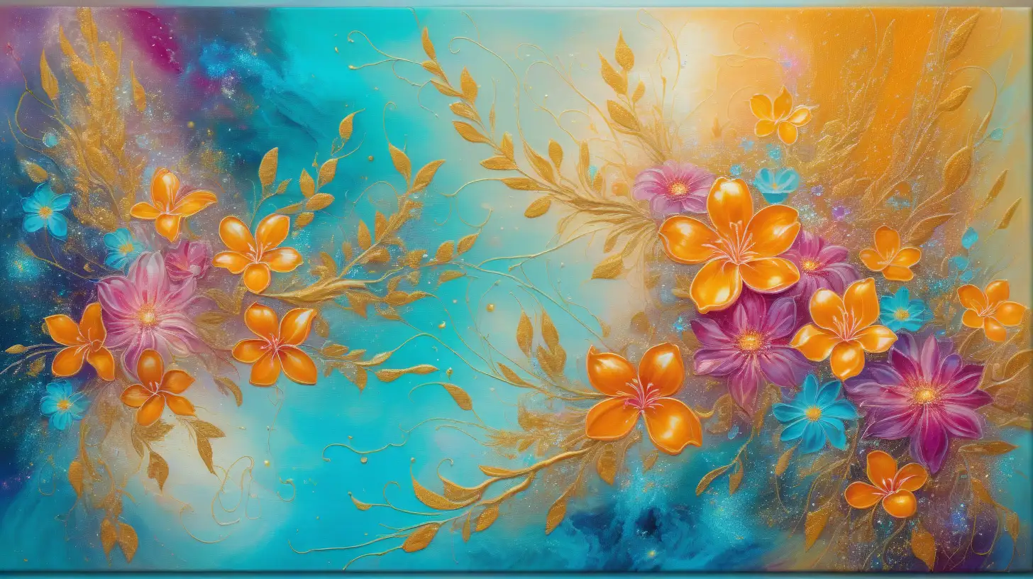 textured oil painting of abstract art of florescent colors-Oranges and orange and golden-yellows in golden dust and a magical turquoise glow with luminescent  magenta flowers and vines among galaxies.
