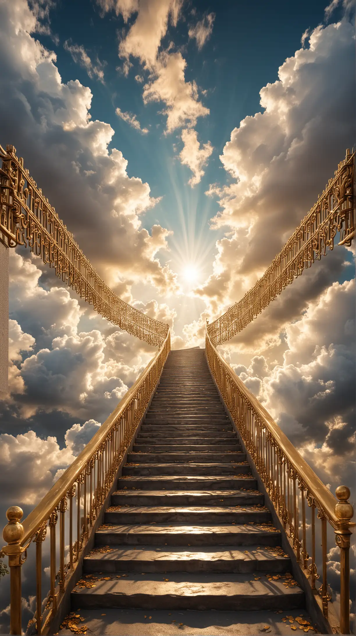 a stairs towards  the cloud in the sky, with golden gates, look like stairs to heaven