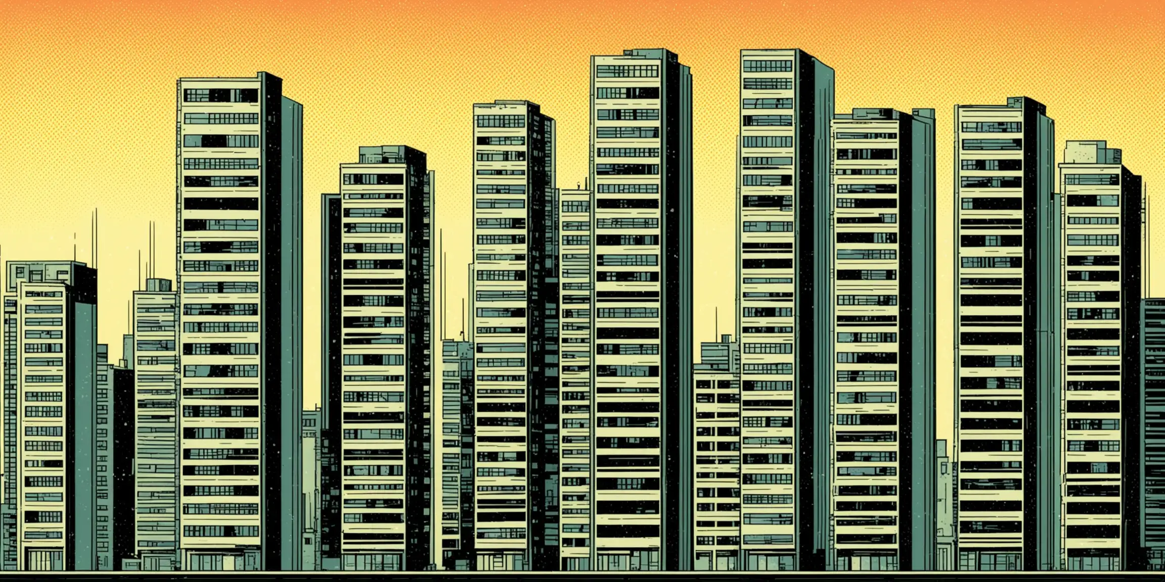 Comic book style:  A row of modern buildings a flat profile 