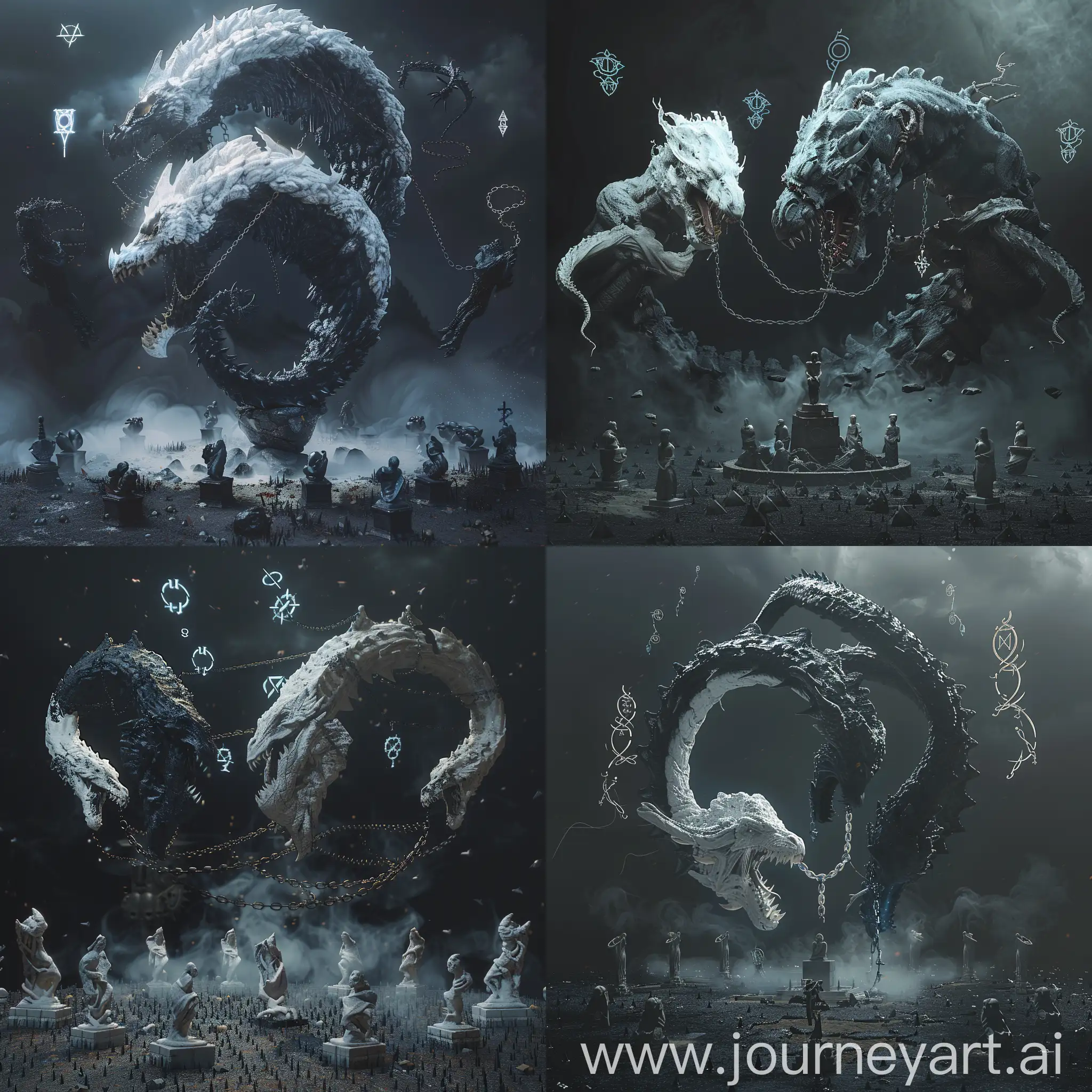 Fantasy, 4k, hyper realistic, volumetric lighting, a giant two headed greatwyrm with one head being white and one head being black chained by arcane sigils floating in the air and asurrounded by twelve statues, dark ground with small spiky rocks, small mist