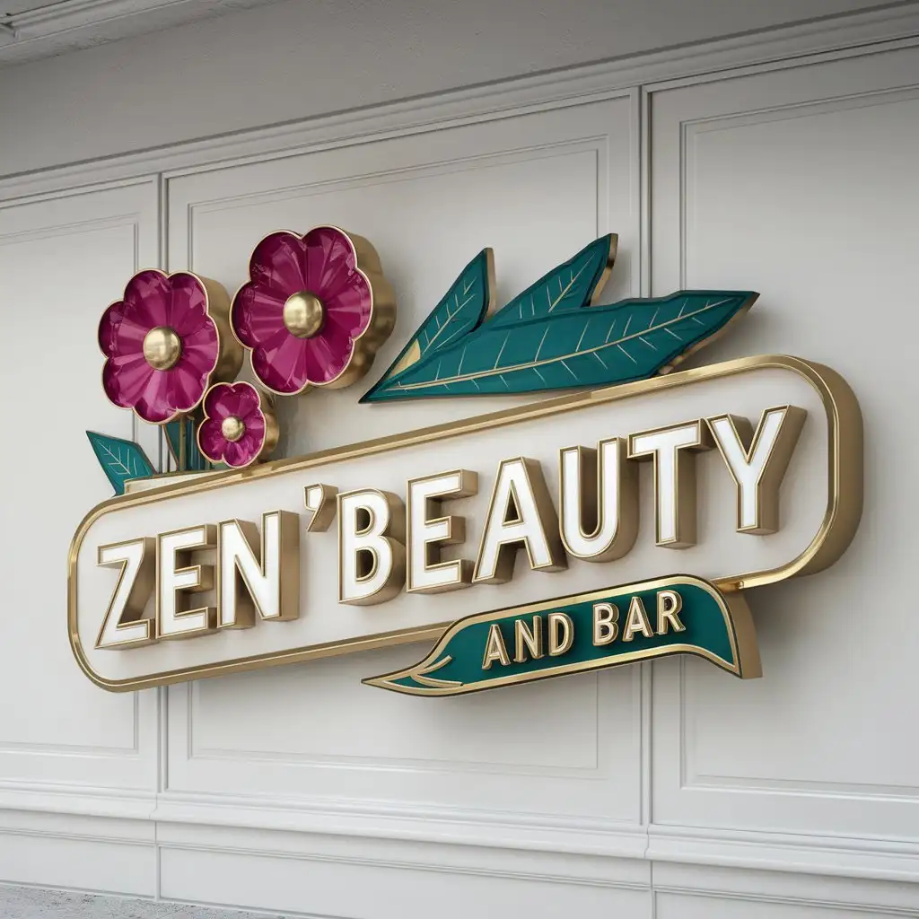 a logo design,with the text "ZEN'BEAUTY AND BAR", main symbol:create Vintage logo raised letters for beauty and bar. preferred colors should include green, magenta, and gold. There must be a logo on white front wall mockup,Moderate,clear background