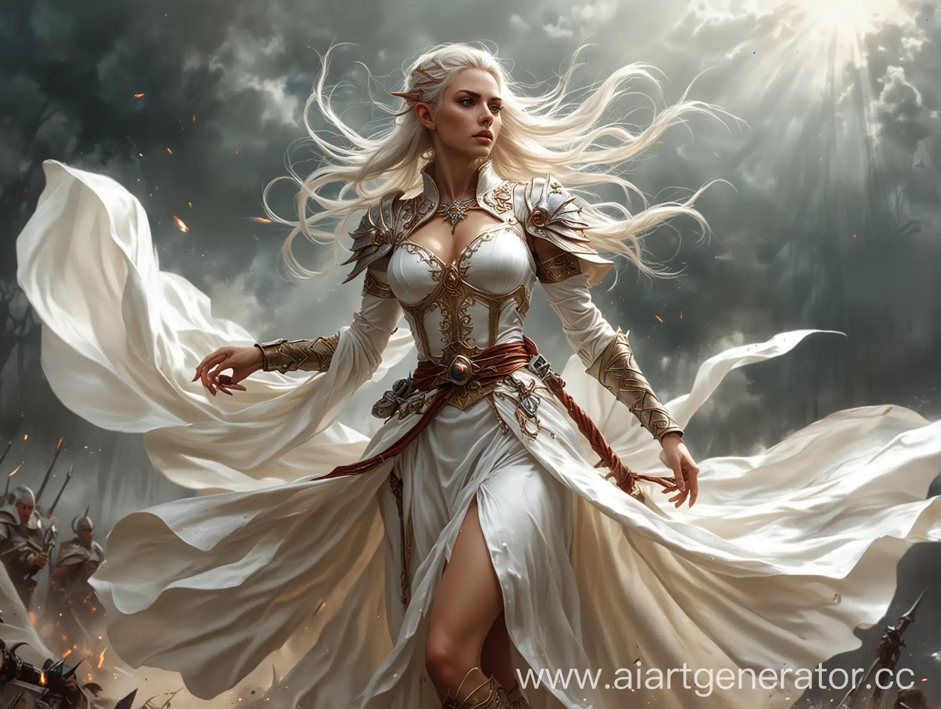 HighElf-Sorceress-Summoning-Magic-Whirlwind-in-White-Silk-Dress