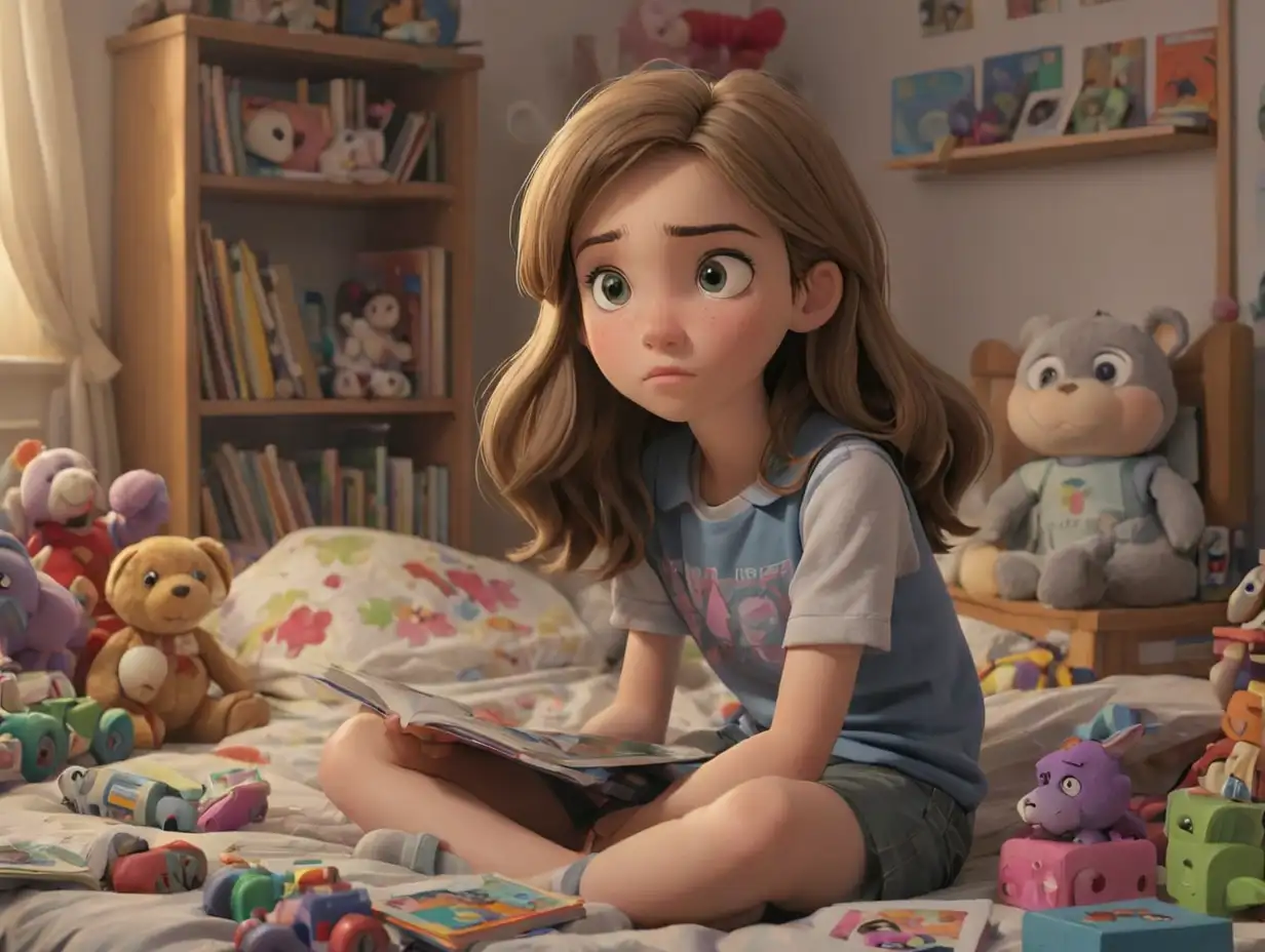 Emily, a 13-year-old girl, sits on her bed surrounded by toys and books and looks at her toys. in cartoon form