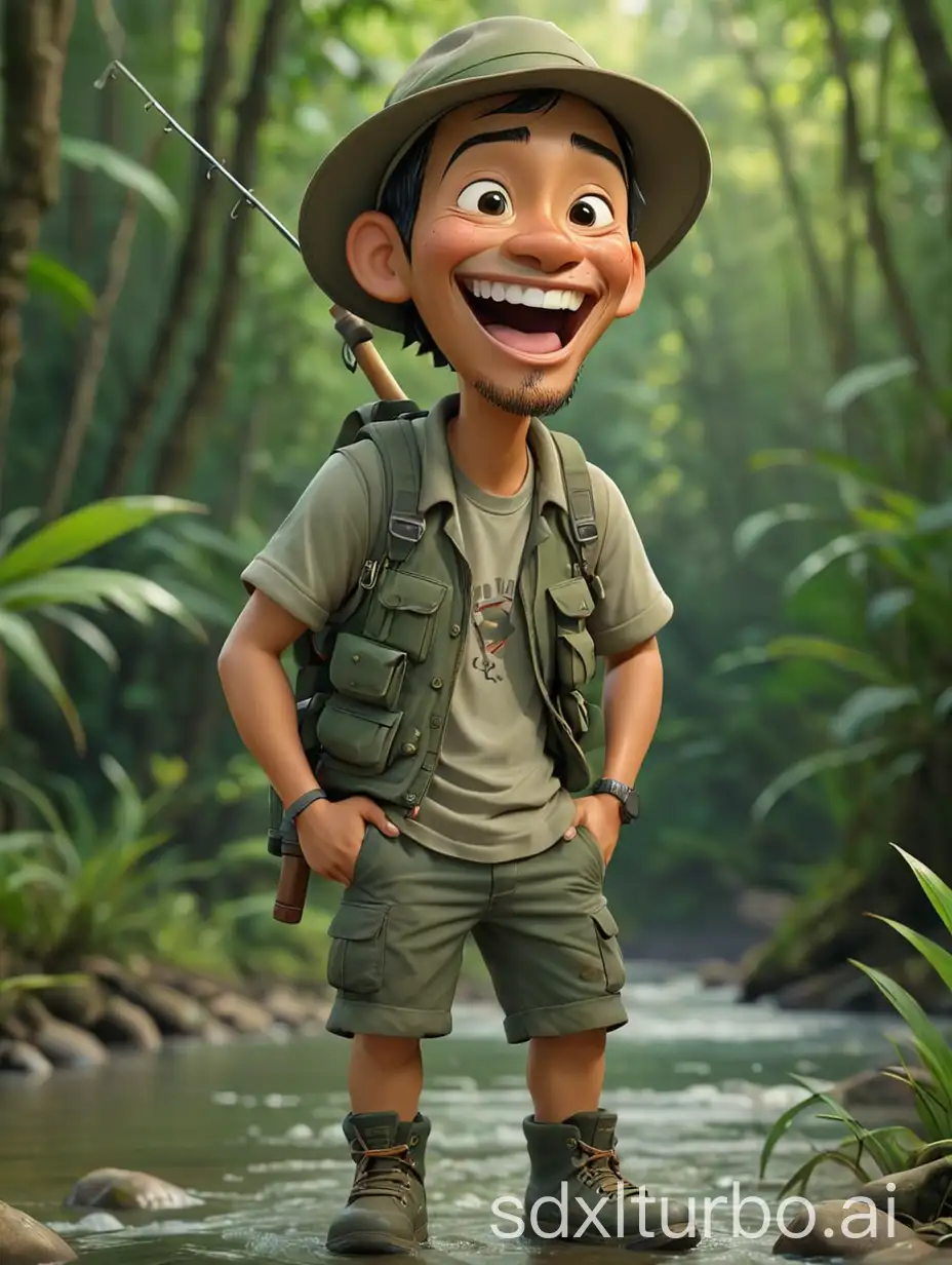 Hyperrealistic 4D caricature of Indonesian man, laughing face, bigger head, very small body and very short, wearing a fishing hat, wearing a gray t-shirt, wearing a fishing vest, wearing dark green camouflage pants and boots, the man is standing and carrying fishing rod, river background in tropical forest, 3d rendering photo, photography portrait. Detailed photos, deep colors