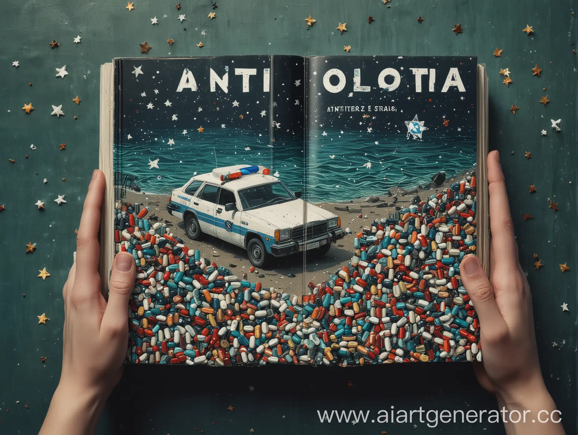 Dystopian-Book-Cover-Hands-Holding-Pills-Under-a-Starry-Sky-with-Police-Car-Overlooking-the-Sea