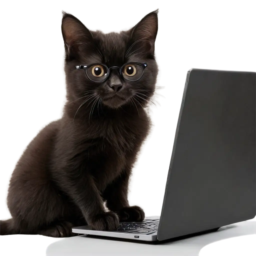 cute black kitten in glasses working on PC 