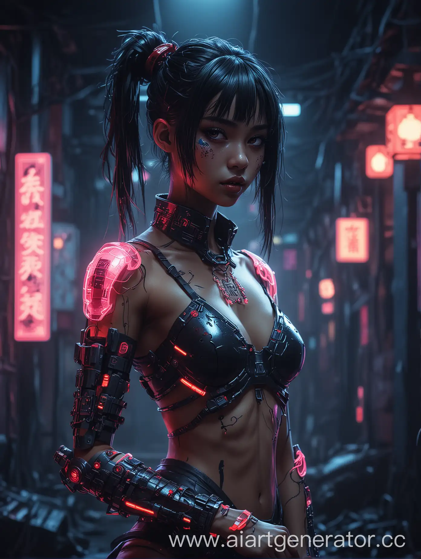 a dark girl with a china arm, a costume in a modern style glowing neon, a background behind in the style of horror and fantasy, a lot of blurry details in the style of cyberpunk anime