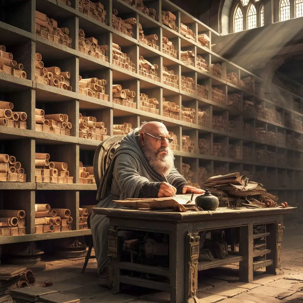 The walls of this room are lined with square compartments holding bundles of rolled paper scrolls. In the middle of the room, an elderly dwarf in gray robes, with spectacles resting on the tip of his bulbous nose, sits perfectly still behind a writing desk facing the door. The dwarf’s quill is dipped halfway into an inkpot, and his bloodshot eyes are fixed on a sheet of parchment in front of him.