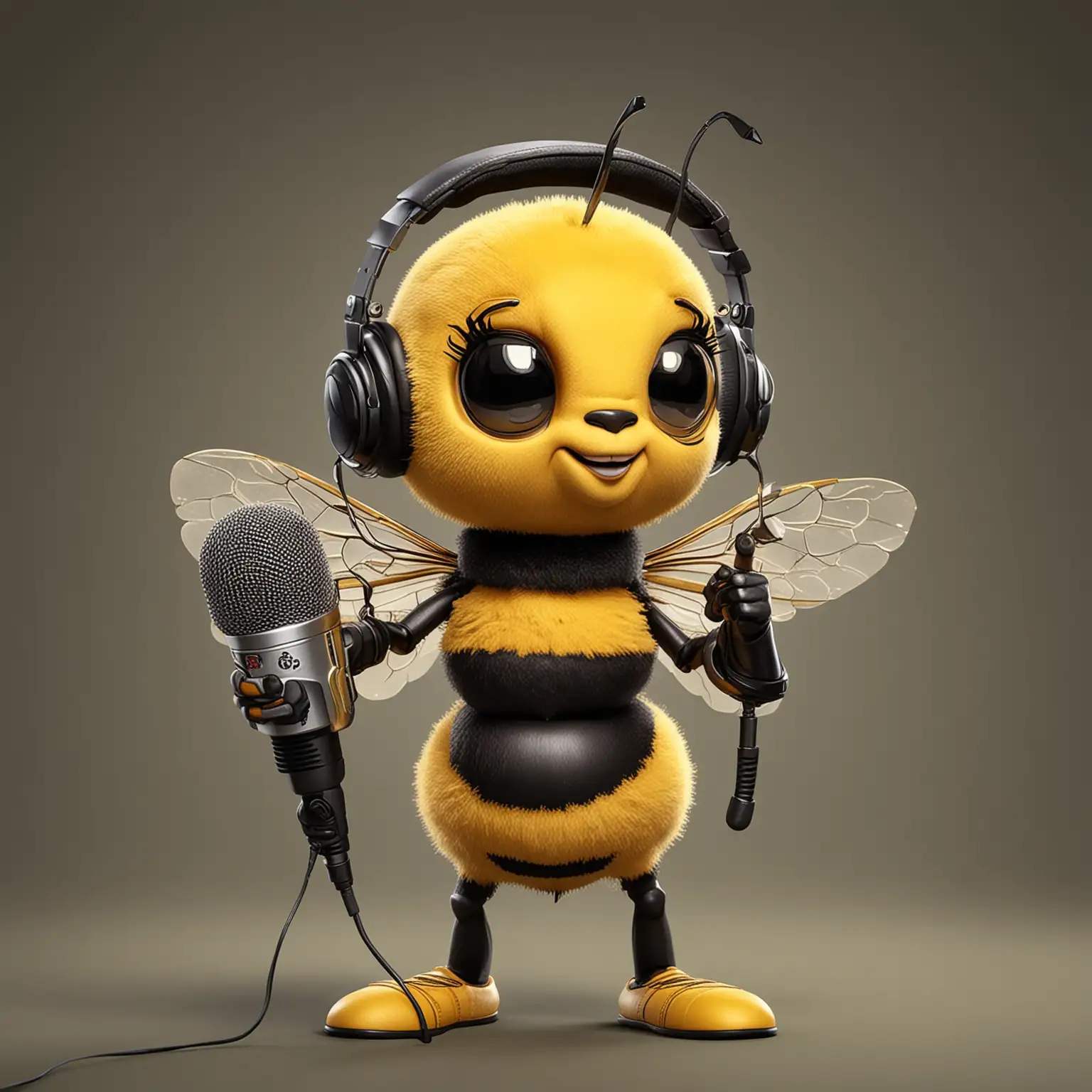 Cheerful Bee Mascot with Podcast Microphone and Headphones