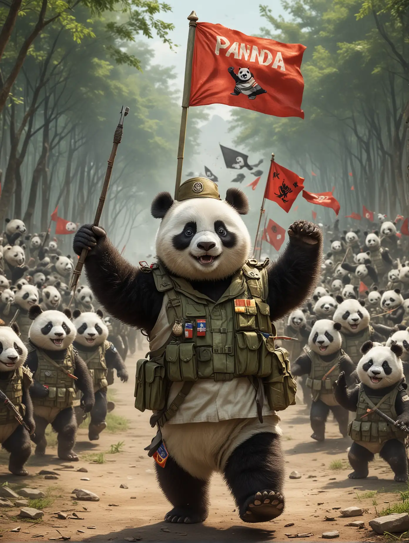 Panda-Military-Unit-Celebrates-Victory-with-Flag-Waving