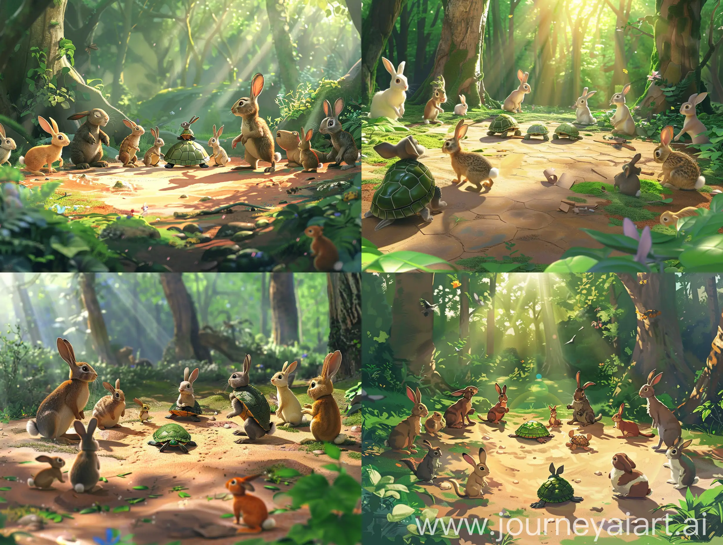 一个阳光明媚的森林空地，各种小动物围成一圈，兔子和乌龟站在中间，准备开始赛跑。，Q版，皮克斯风格