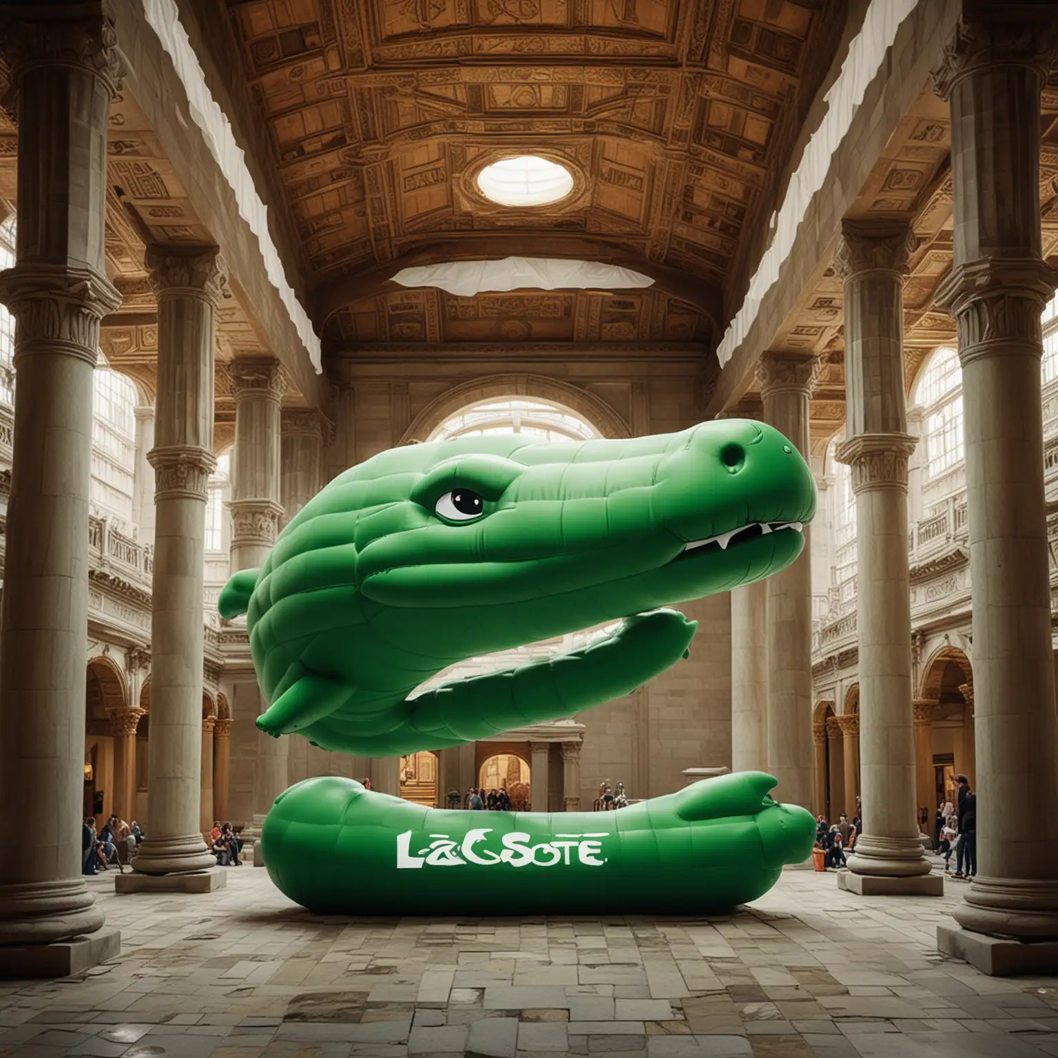 huge inflatable green Lacoste logo floating inside a temple, make the environment lika a rennesaince painting, ultra realistic image