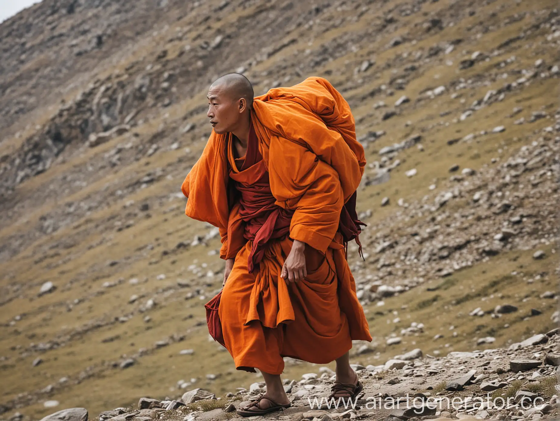 Тебетский монах в оранжевой одежде тащит на себе человека в горах
