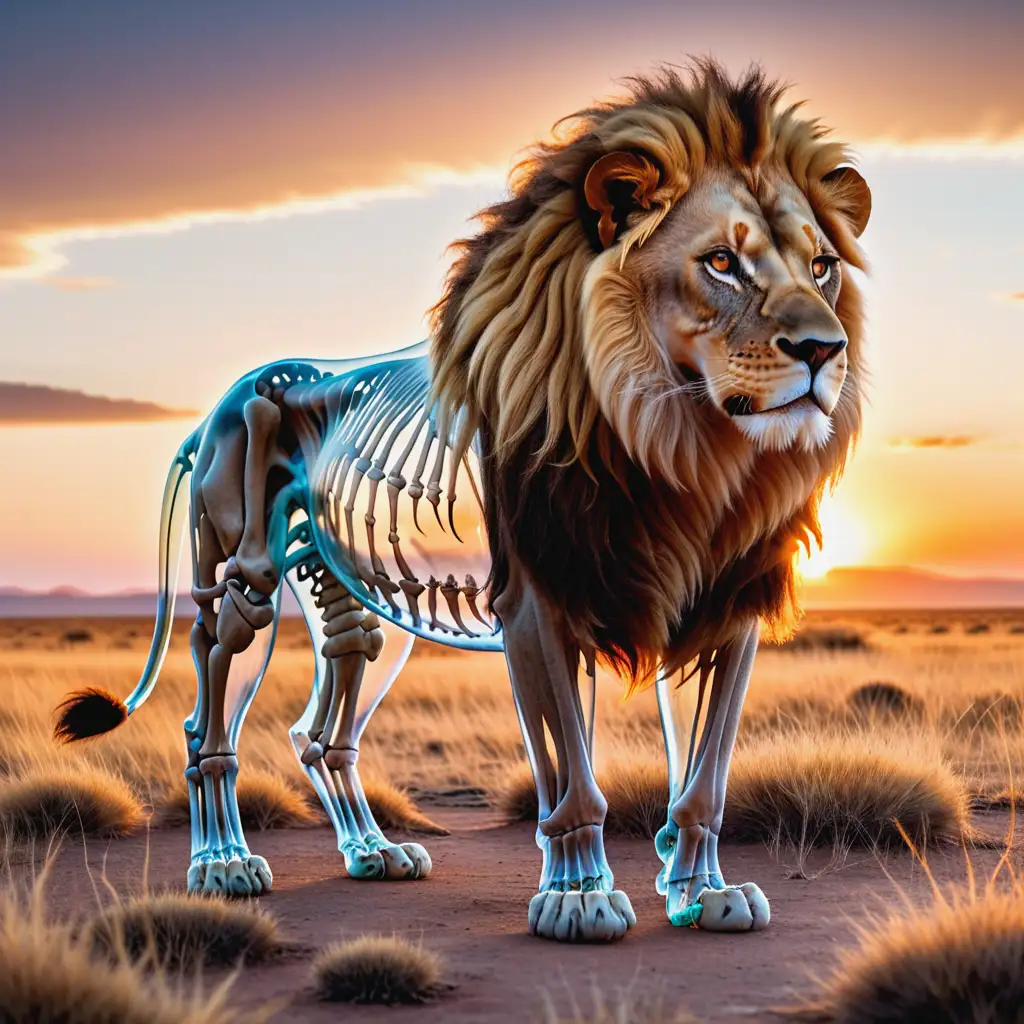 an image of a lion, the body of the lion in transparent as a glass, within the transparent body the skeleton of the lion is showing, the head of the lion with a large mane is showing normally and not the skeleton, the background is a vibrant African tundra at sunset.
