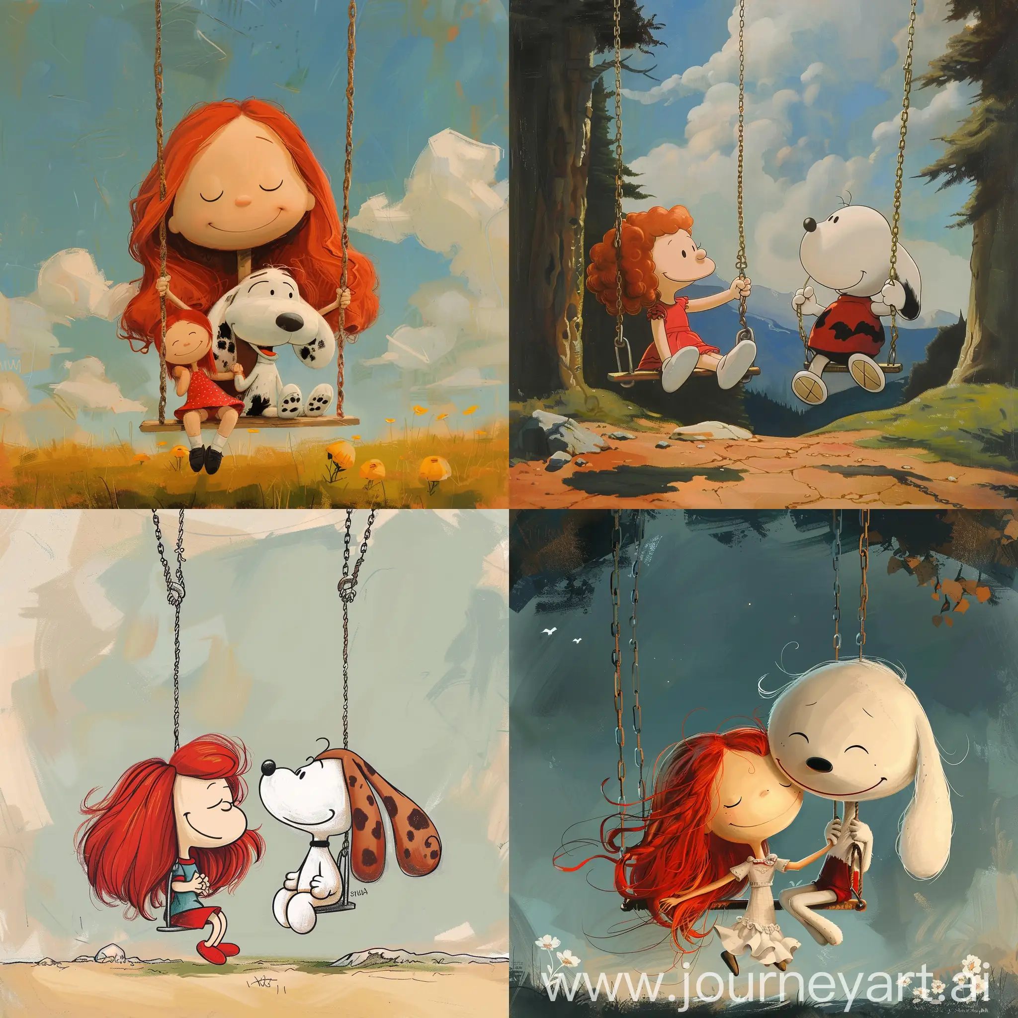 SNOOPY with red hair girl on swing