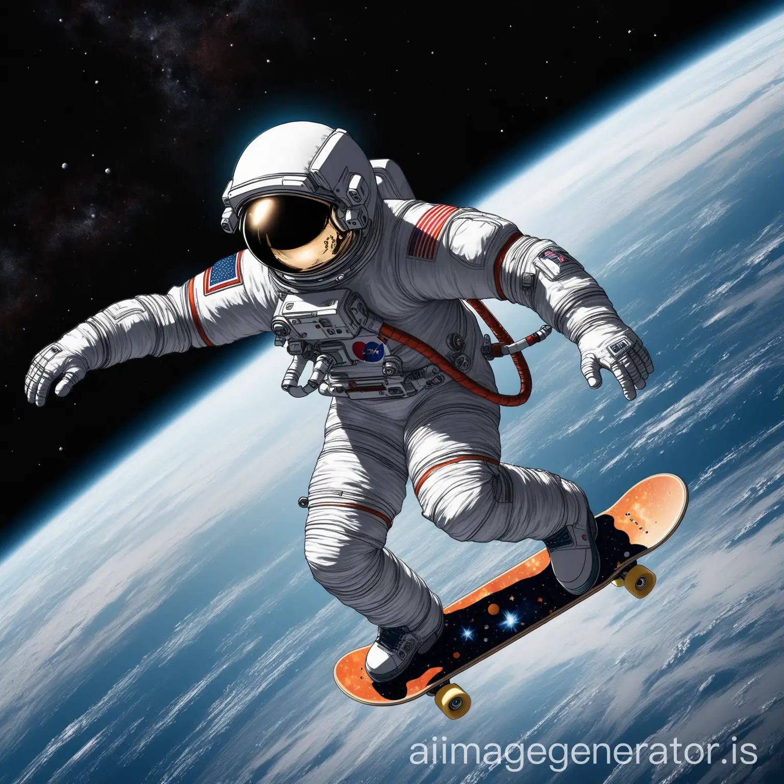 an astronaut in space riding a skateboard