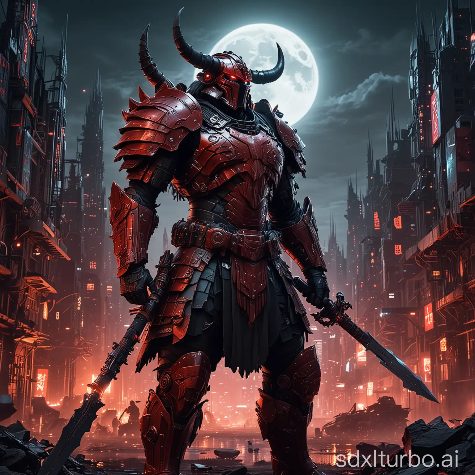 A Scottish Highlander warrior wearing futuristic powered armor inspired by the style of Masuzou Yuumen no Kami Masamitsu III in 'Armored Demon Village', standing amidst the ruins of a modern city at night. This warrior is massive, approximately 4-5 meters tall, clad in armor designed in shades of dark red and black, and has four arms, each wielding different weapons, including a massive high-tech lance. The armor features intricate details and symbols, combined with futuristic elements such as thrusters and mechanical parts. The scene is illuminated by neon lights and the glow of the armor system, while the moon casts a seductive red hue, rendering the city like hell, starkly contrasting with the darkness and futuristic urban landscape.