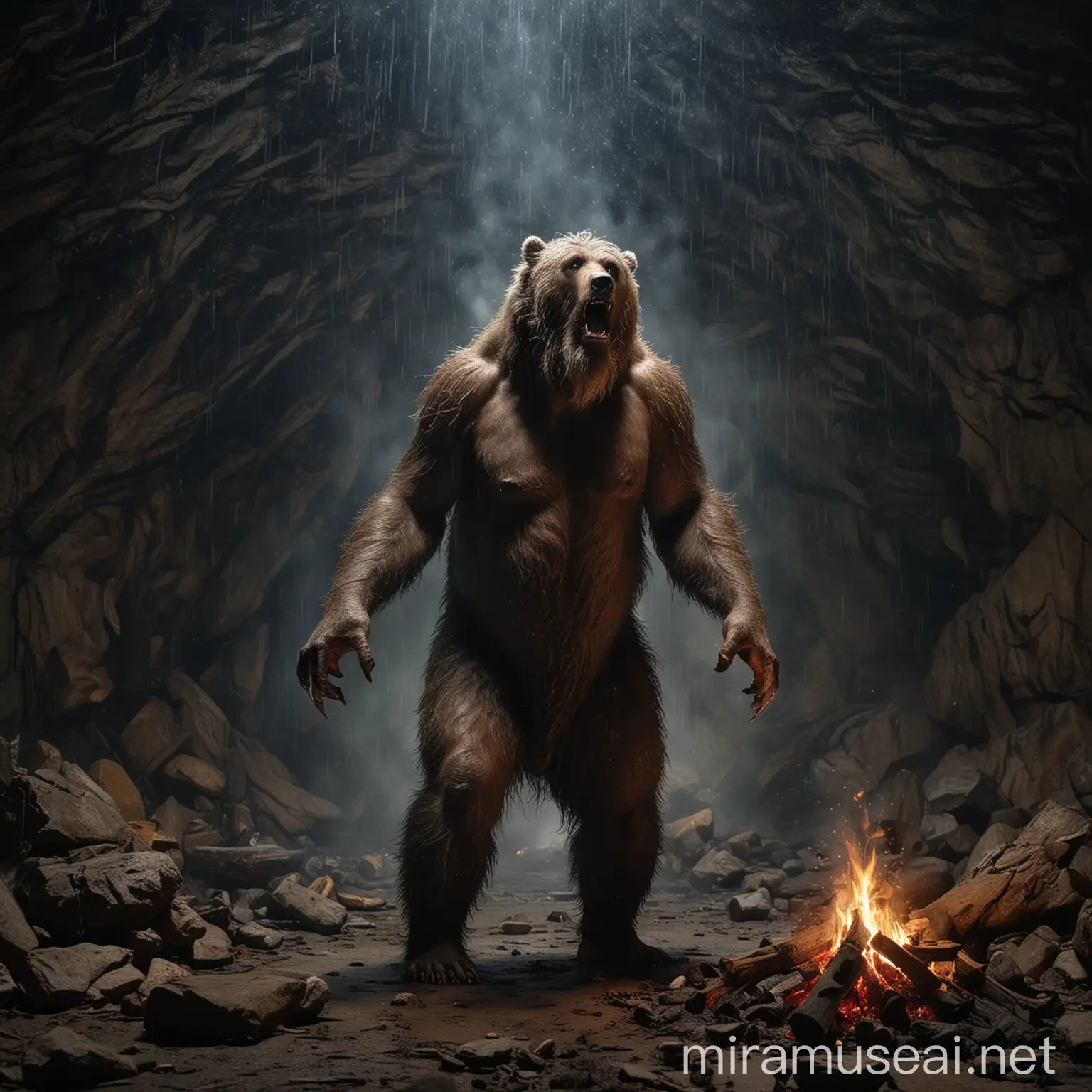 large hand and feet,black long beard,hairy,messy hair,rough skin,old age,forest cave,at midnight,bonfire,rainy,human transform into a grizzly,roar to the sky,werebear