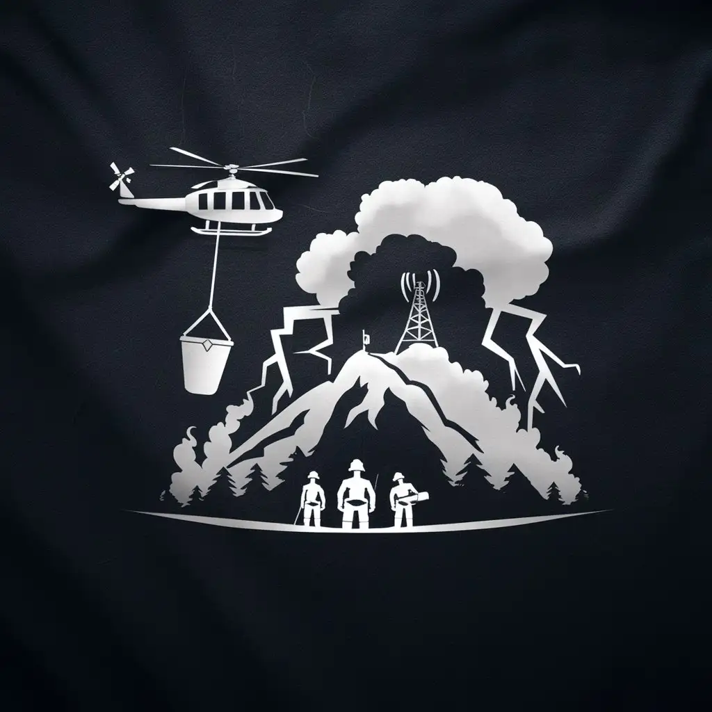 a logo design,with the text 'Berdoe CrewnCarmacks, Yukon', main symbol:Helicopter slinging a 'bambi bucket' on it's belly to a mountain. It's a flat topped mountain with a cell phone tower on the top of it. There's a forest fire burning on the mountain, no flame, just lots of smoke puffing up. A cumulonimbus anvil cloud with lightning looms over the entire mountain. 3 silhouettes of forest fire fighters stand at the base of the mountain.,Minimalistic,clear background