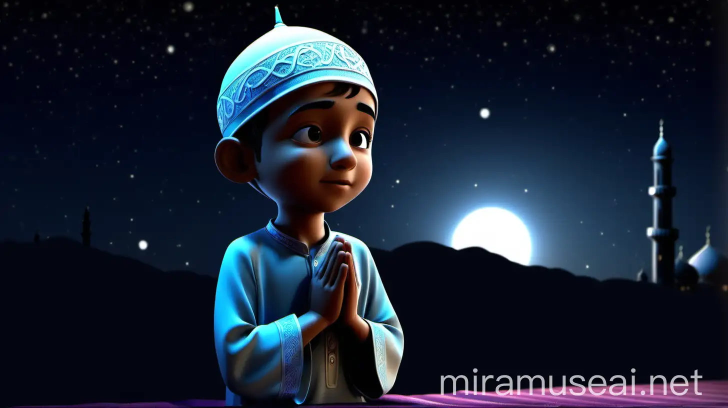 A muslim boy is praying to allah at night 3d animated