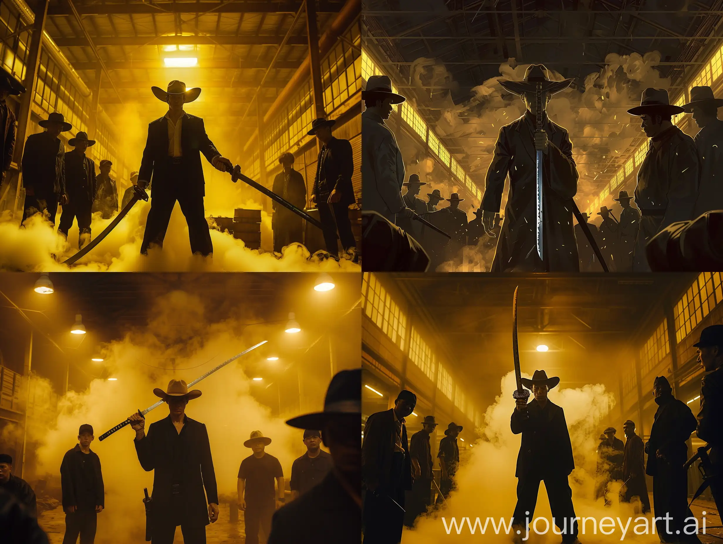 In a dark warehouse, under dim yellow lights, smoke swirls and a strong atmosphere of crime permeates. A figure dressed in a classic black suit and a low hanging cowboy hat, as if it was a reproduction of a gangster legend.
This character stands in the center of the warehouse, his gaze sharp and cold, revealing an invincible aura. He held an ancient samurai sword, with its blade flashing a cold light in the dim light, as if indicating his ruthlessness and determination.
The gang members around him quietly surrounded him, staring at him in awe. This character is like an insurmountable mountain, inspiring awe in everyone's hearts. His existence is law, it is command.
When he raised his samurai sword, the entire warehouse seemed to be quiet, and a tense atmosphere filled the air. Under his figure, all the darkness seemed to tremble, as if he were the master of the night, determining the boundary between life and death.
This character is like Shelby, cold and ruthless, yet full of a unique charm and authority. His existence makes people dare not rebel at all, and can only silently obey his will, as if he is the ruler in the darkness, omnipotent.