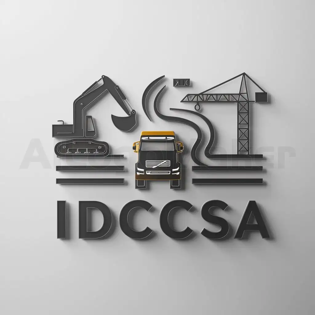 a logo design,with the text "IDCCSA", main symbol:hydraulic excavator, volquete, crane and roads,Minimalistic,be used in Construction industry,clear background