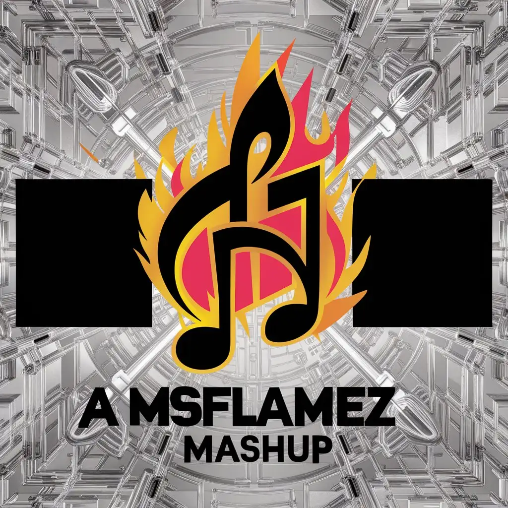 a logo design,with the text "A MsFlamez Mashup", main symbol:main symbol: music, real fire background, fire, black, pink, yellow, two big square boxes in the middle that is side by side, text at the bottom,complex,clear background