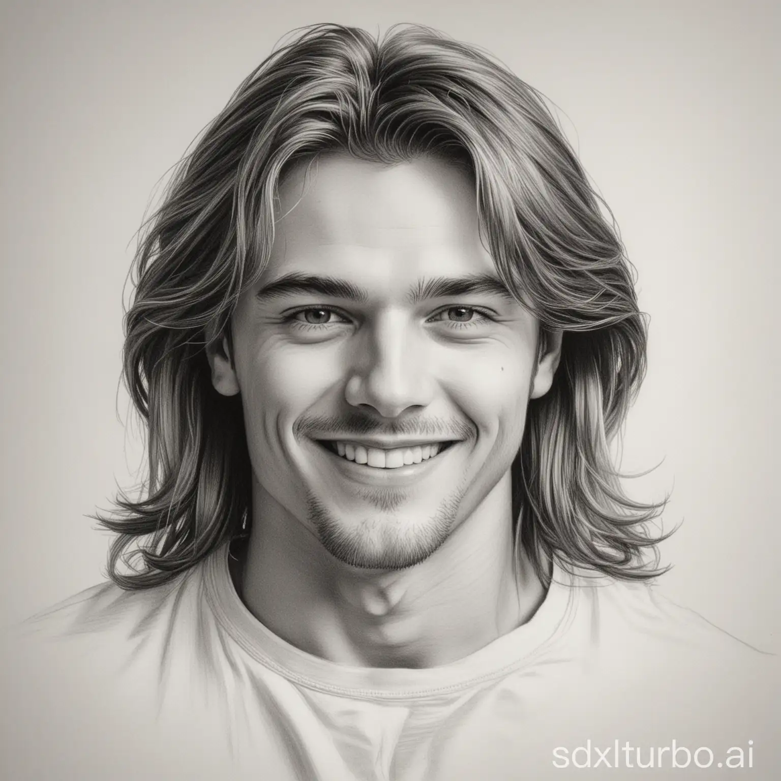 a simple pencil sketch drawing, the face of a handsome man, long hair, wearing a long sleeve t-shirt, wearing a jean, with a young handsome face and smiling, on white canvas, smooth sketch, soft sketch, sharp art, closed up