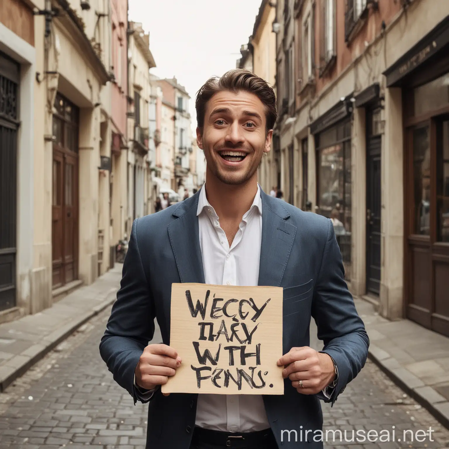 WellDressed Man Holding Funny Sign in Casual Setting